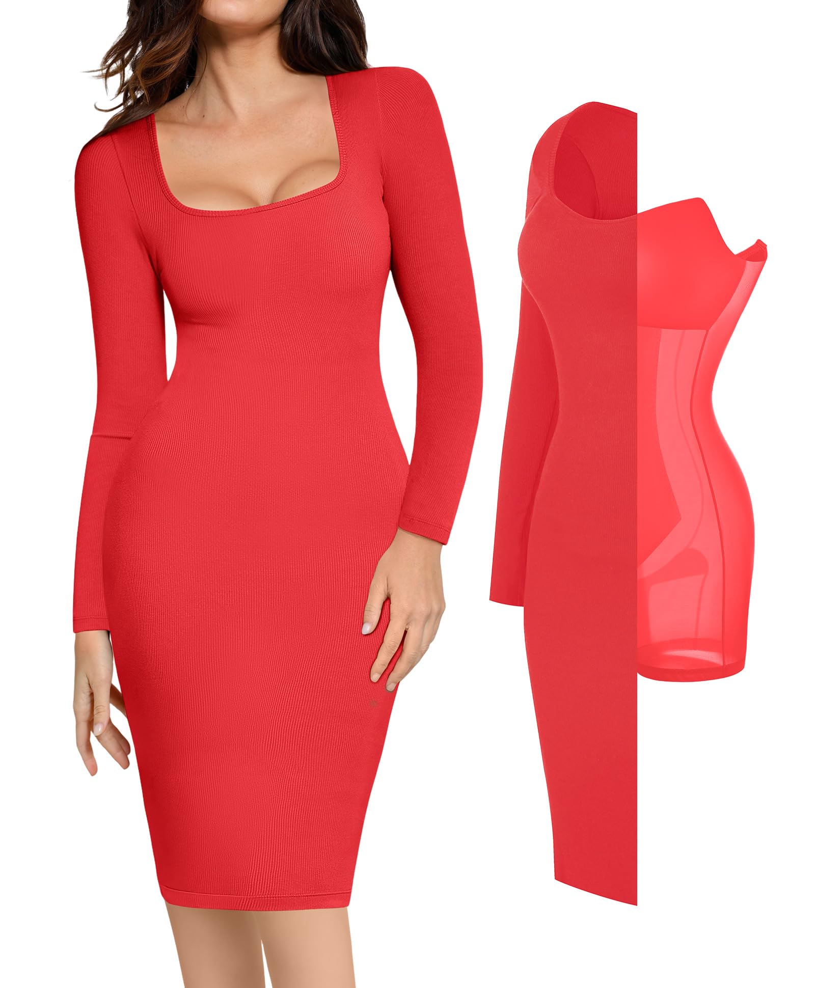 Popilush Women's Long Sleeve Bodycon Midi Dress with Built-in Bra - Tummy Control Shapewear for Cocktail Parties, Night Out, Date Night & Special Occasions