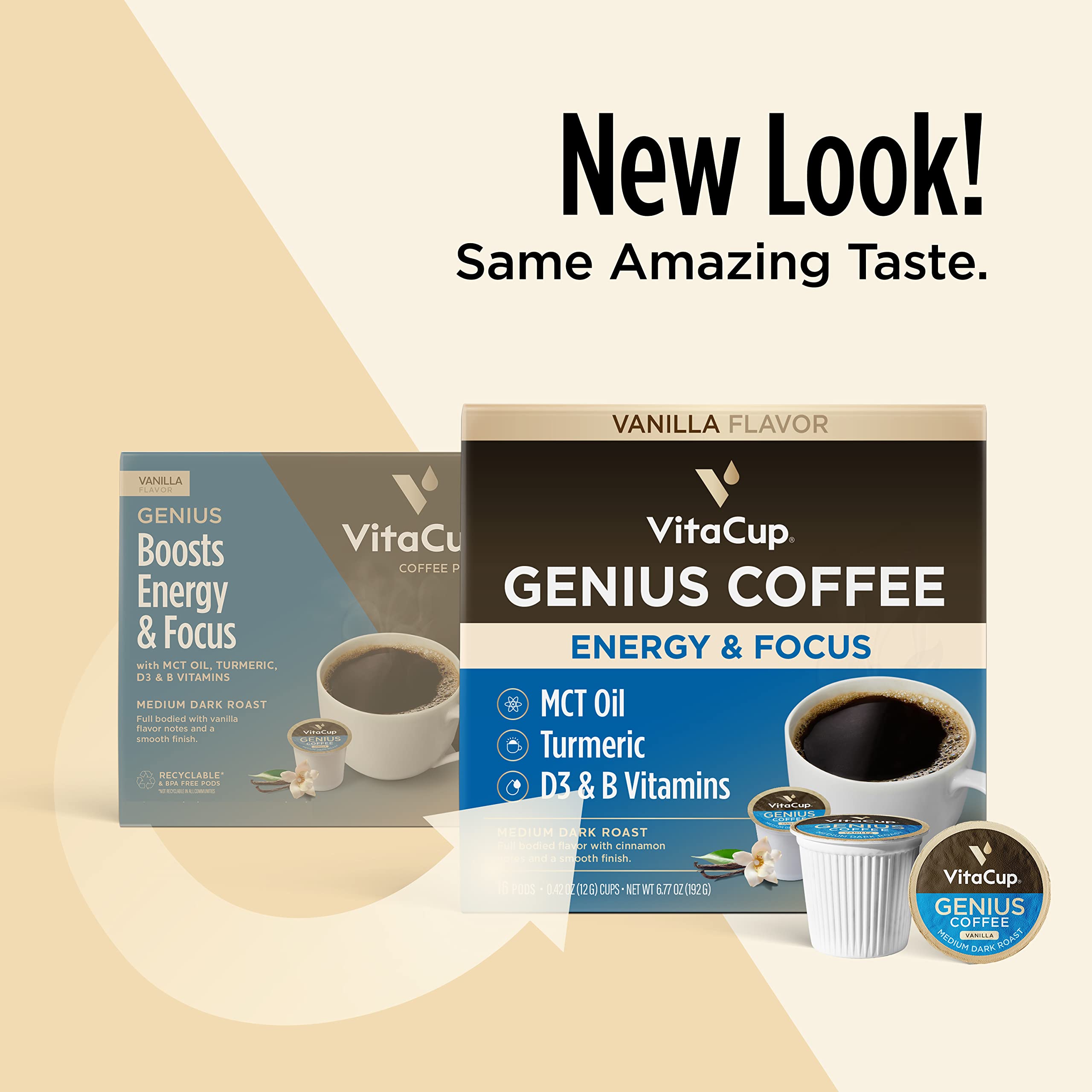 VitaCup Genius Vanilla Keto Coffee Pods with MCT Oil, Turmeric, B Vitamins & D3 - 64 Count Recyclable Single Serve Pods for Keurig 2.0 & K-Cup Brewers | Boost Energy & Focus | Perfect for Keto Diet, Morning Routine & Office Use