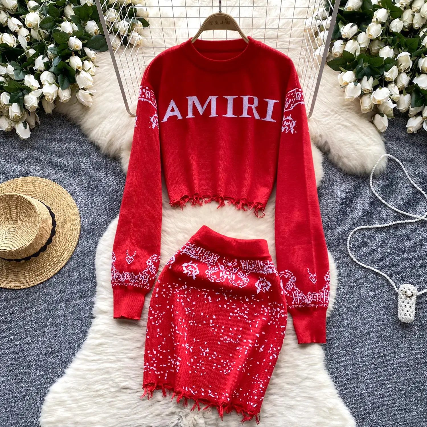 Women's Green & Red Patchwork Knit Sweater & High Waist Skirt Set - Long Sleeve Pullover & Short Skirt Outfit for Fall Winter Fashion | Perfect for Holiday Parties, Date Nights & Casual Wear