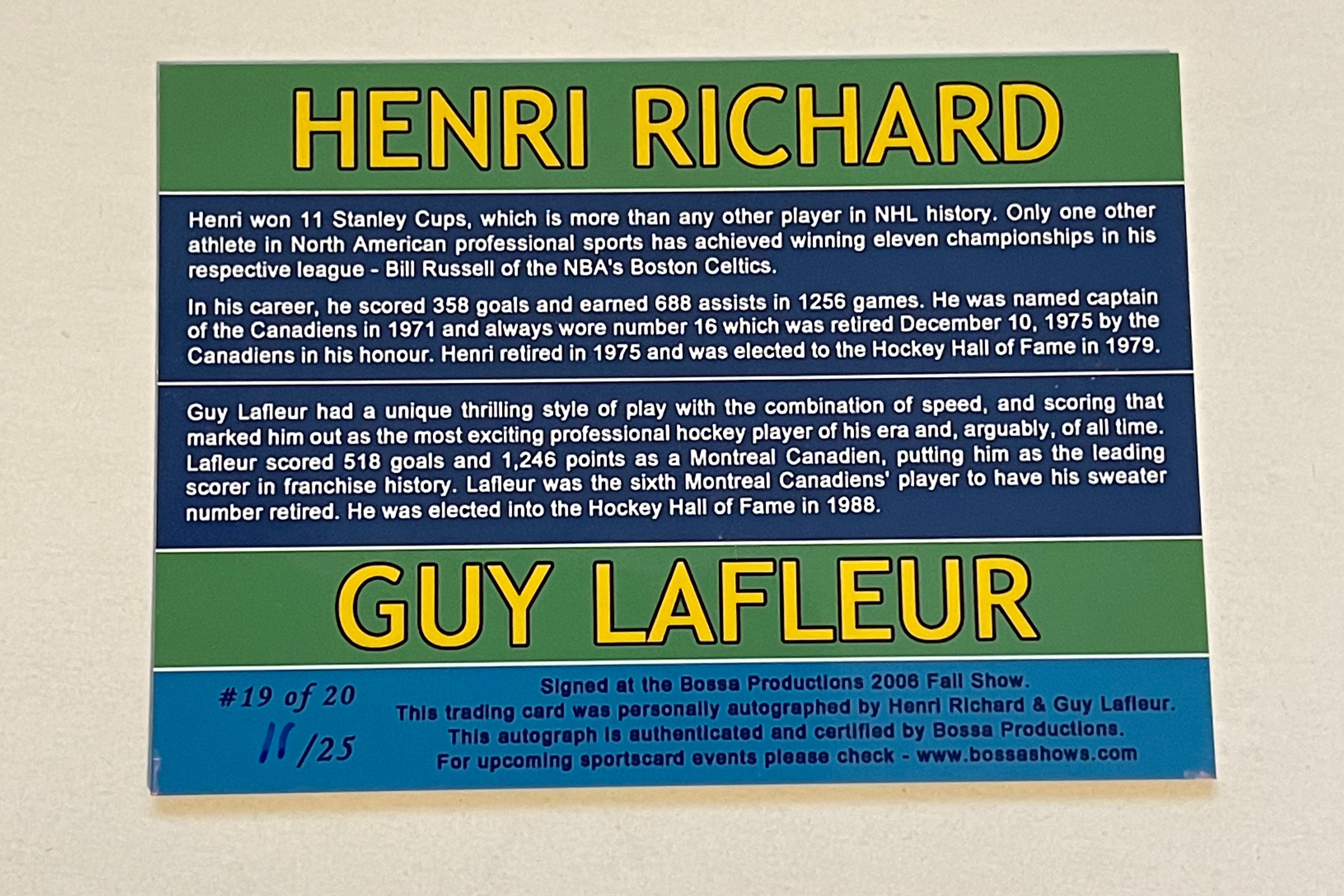 Guy LaFleur & Henri Richard Rare Numbered Autographed Hockey Card - Perfect for NHL Collectors, Sports Memorabilia Displays & Investment Collections