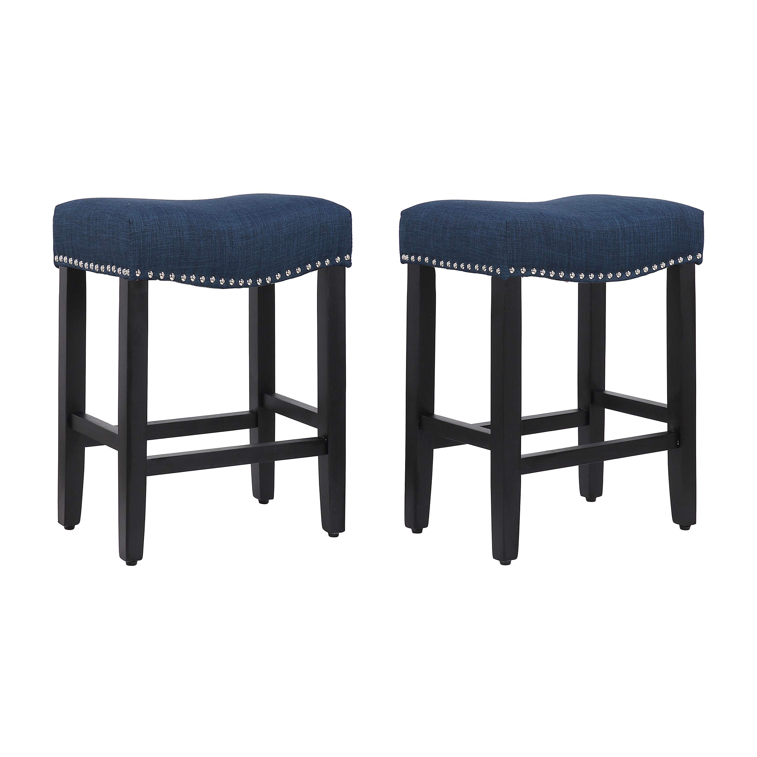 Modern Farmhouse Black Bar Stools Set of 2 - 24 Inch Counter Height Wooden Saddle Stools with Linen Upholstered Cushion & Solid Wood Legs - Navy Blue Kitchen Bar Stools for Home, Restaurant, or Cafe Decor