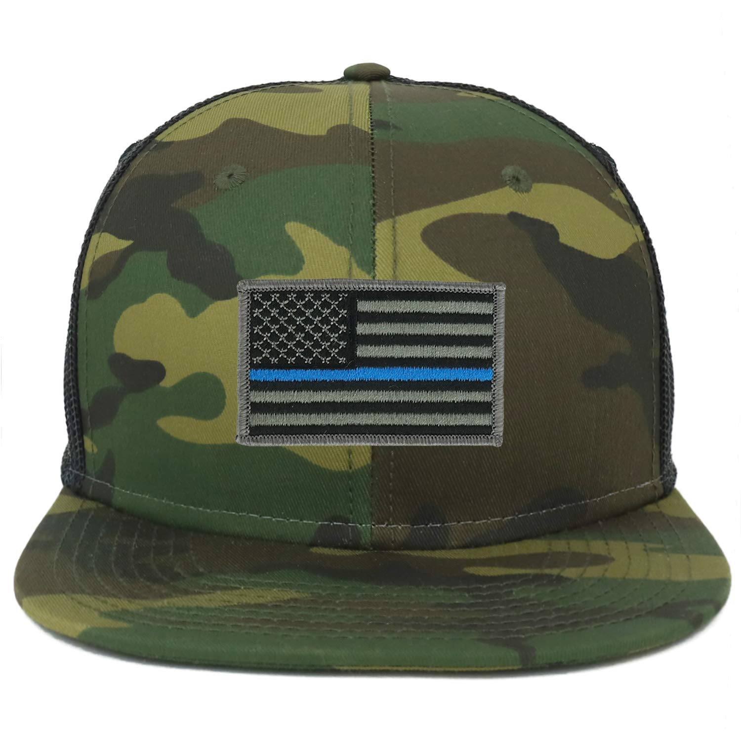 Armycrew Oversize XXL Thin Blue Line USA Flag Patch Camouflage Flatbill Mesh Snapback Cap - Patriotic Police Support Hat for Outdoor Activities, Sports & Casual Wear