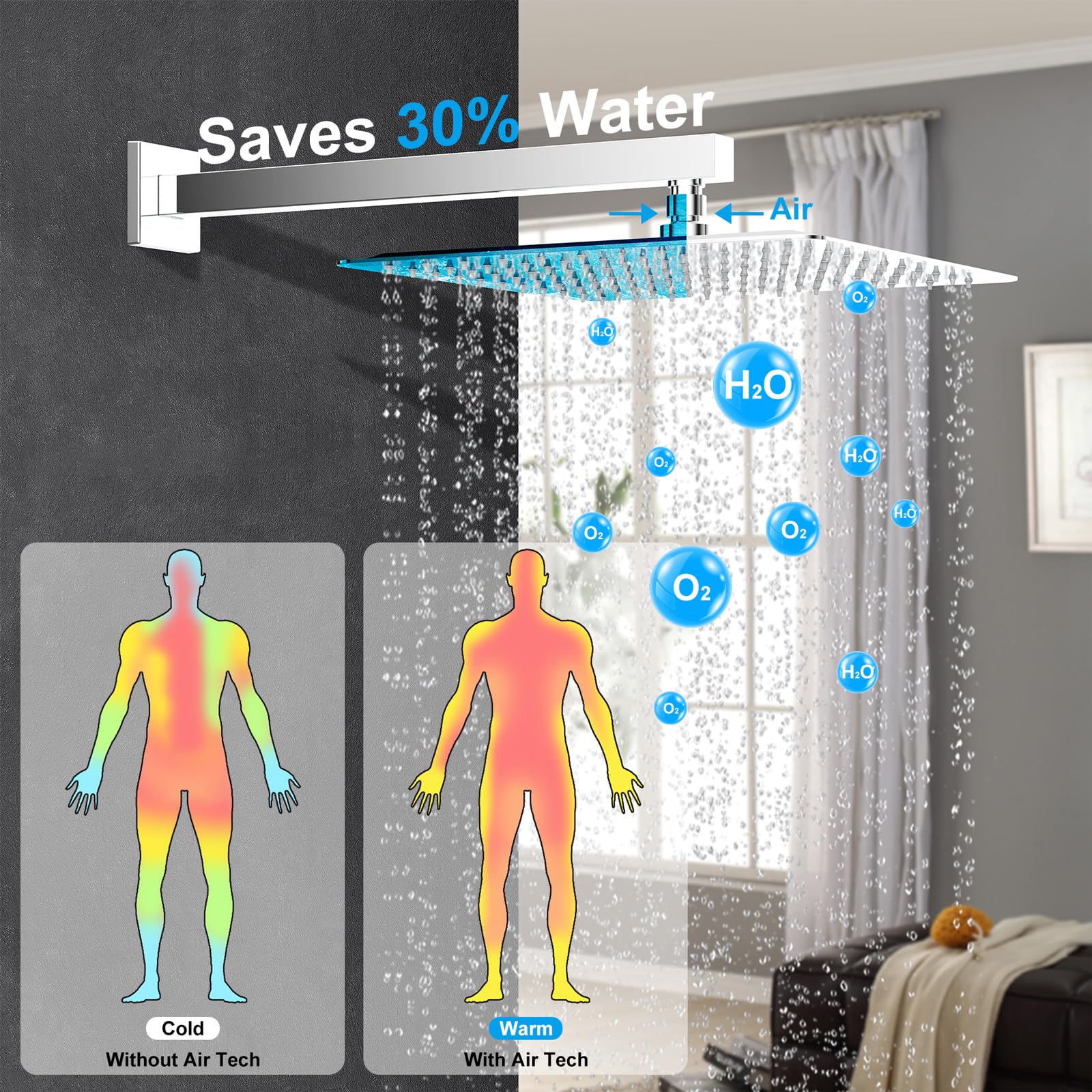Modern Brass Rain Shower System with Valve & Diverter - High Pressure Square Rainfall Showerhead & Handheld Spray - 12
