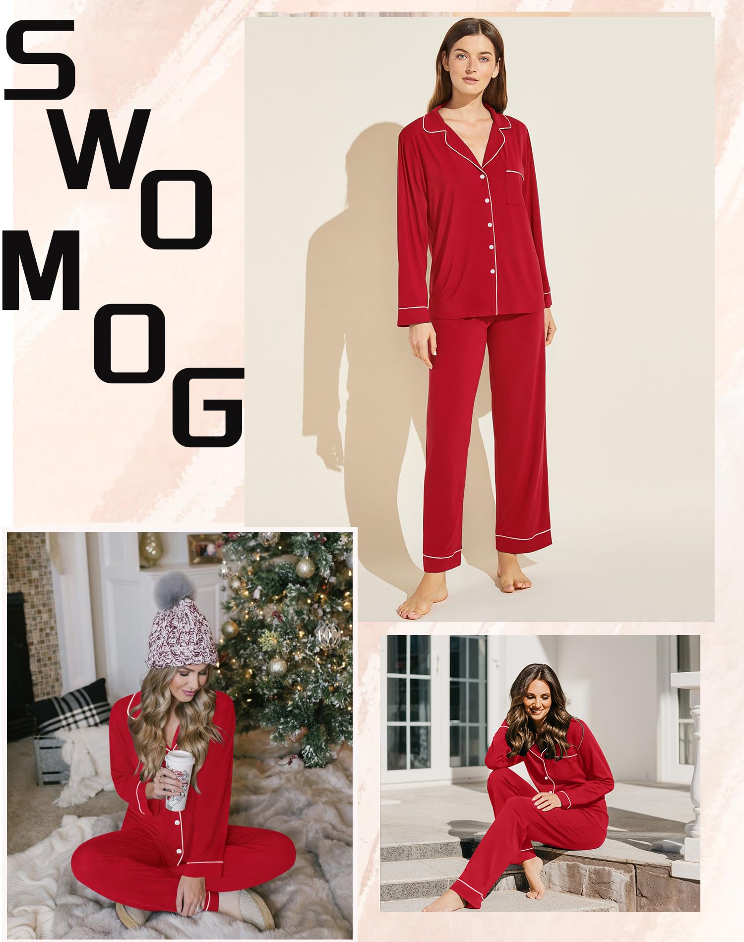SWOMOG Women's Cotton Pajama Set - Long Sleeve Button Down Sleepwear & Lounge Outfit - Soft Comfy Nightwear for Relaxing at Home or Sleepovers