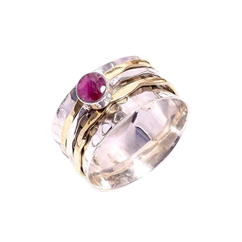 Natural Ruby Spinner Ring - 925 Sterling Silver Anxiety Relief Jewelry for Women, Handmade Hammered Bohemian Yoga Spin Ring, Mix Metals Gemstone Ring for Meditation & Stress Relief