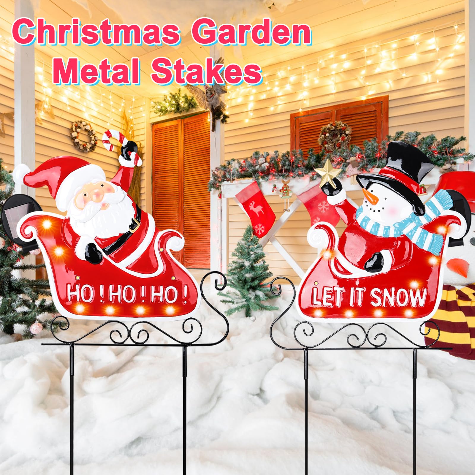 2 Pack Solar LED Christmas Yard Decorations - Santa Claus & Snowman Sleigh Metal Stakes for Outdoor Garden, Lawn, Pathway | Perfect for Holiday Displays, Winter Parties & Festive Home Decor