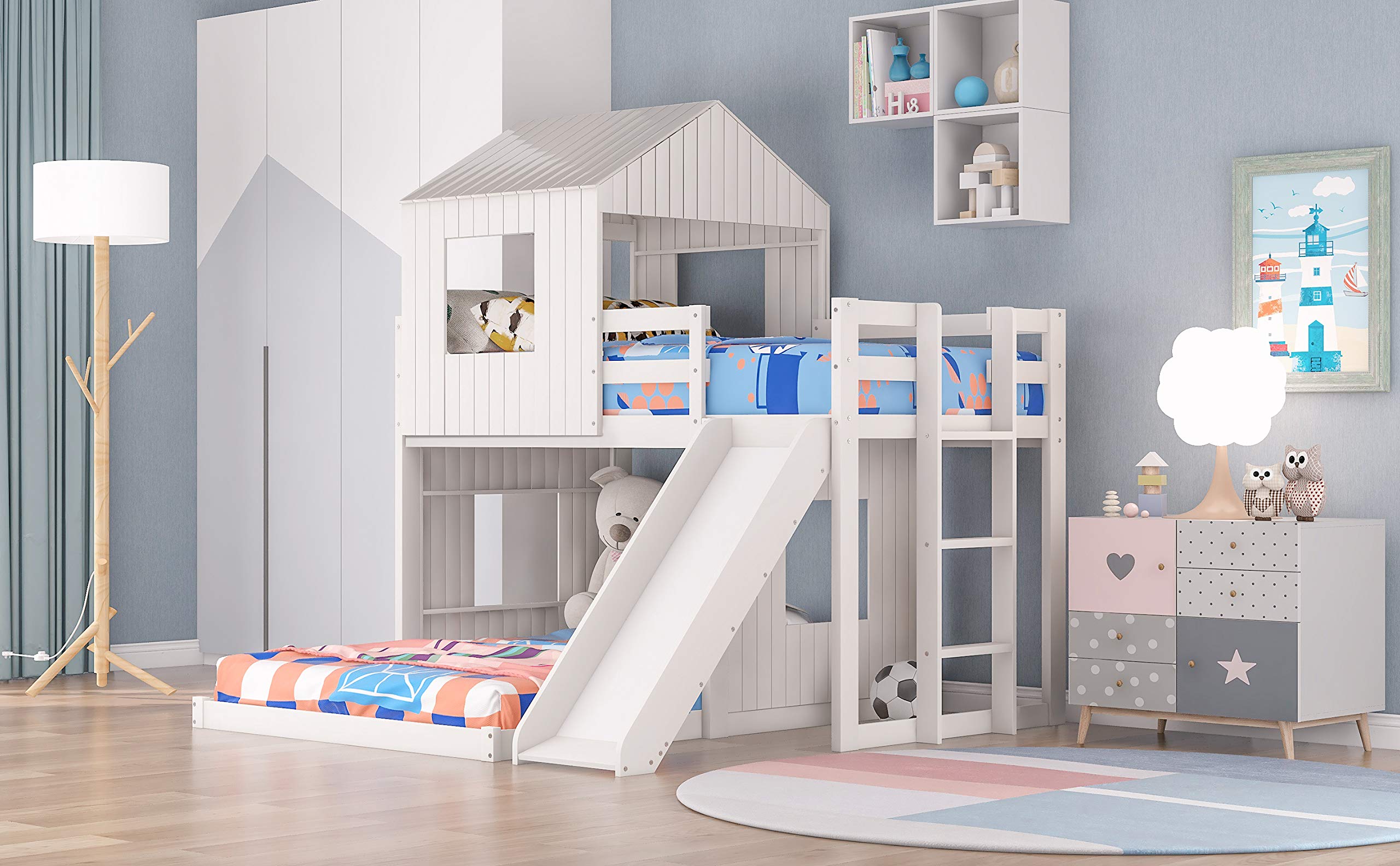 Wooden Low Bunk Bed with Slide - Twin Over Full Bunk Bed with Playhouse Roof & Window - Farmhouse Style Loft Bed with Ladder & Safety Guardrails for Kids, Toddlers, Boys & Girls - No Box Spring Needed - Perfect for Small Bedrooms, Playrooms & Shared Kids' Spaces