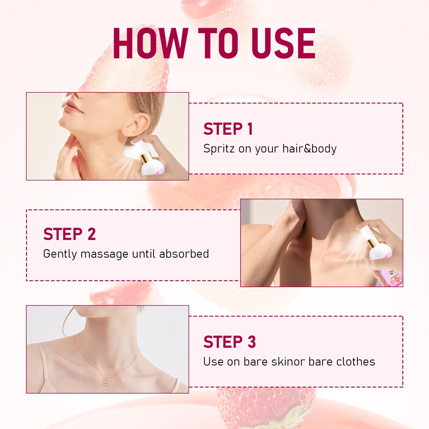 Vanilla Cream Puff Body Milk Mist Spray - Hydrating Moisturizer for Skin & Hair - Sweet Strawberry Scented Body Lotion Spray for Dry Skin Care - Perfect for Daily Use, Post-Shower Hydration & On-The-Go Moisturizing