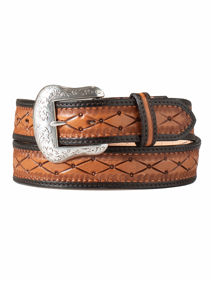 Nocona Men's Hand Tooled Diamond Two-Tone Leather Belt in Tan - Western Style Belt for Casual Wear, Jeans & Cowboy Boots