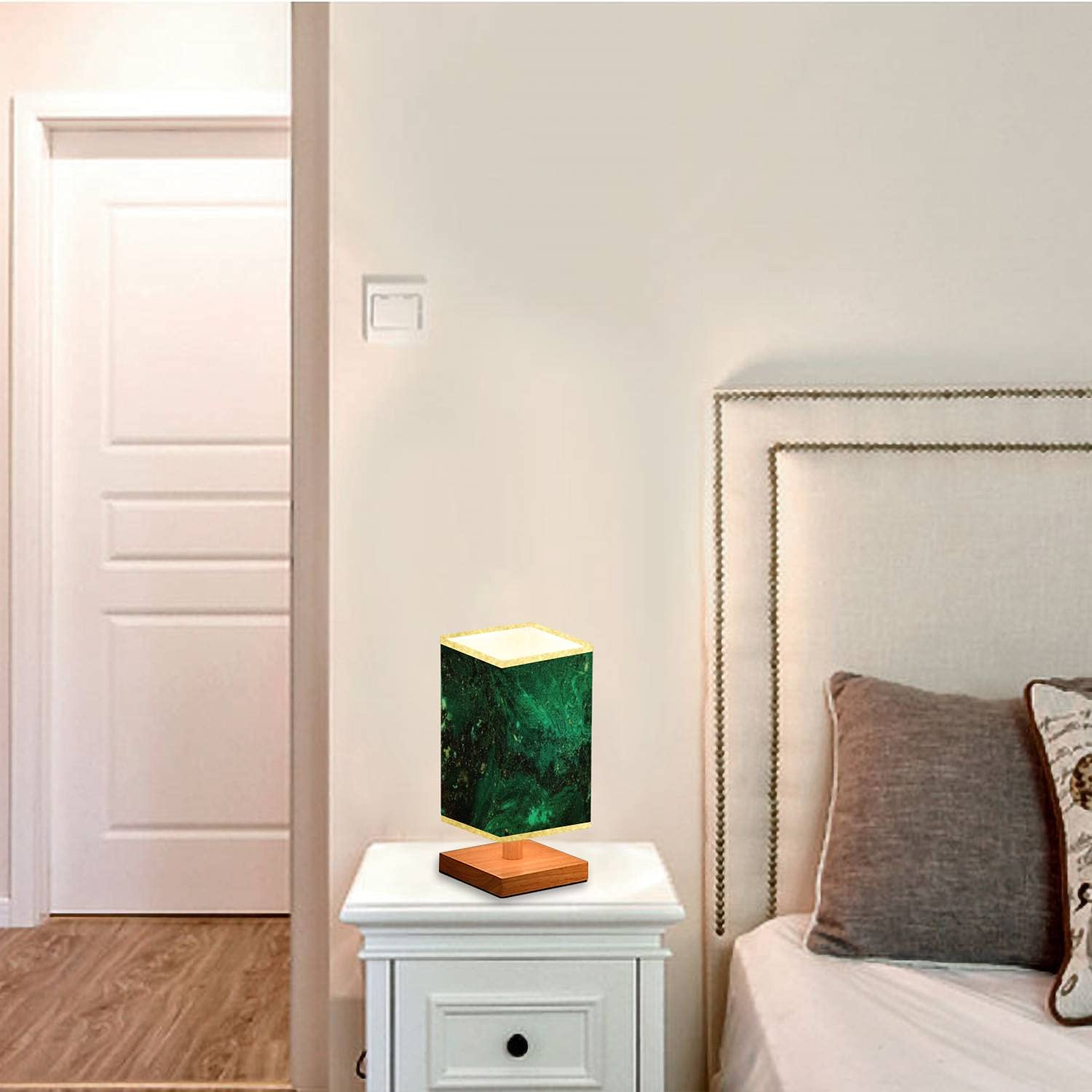 Abstract Emerald Green & Black Marble Texture Dimmable Nightstand Lamp with Wooden Base & Flaxen Fabric Shade - Perfect for Bedroom, Living Room & Office Lighting