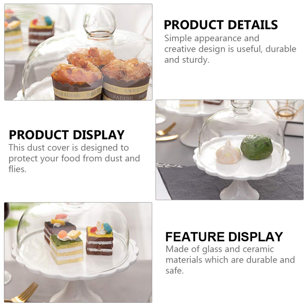 White Porcelain Cake Stand with Glass Dome - 25x23.5x23.5cm Decorative Dessert Display for Weddings, Birthdays & Parties | Elegant Cupcake, Pastry & Candy Serving Plate for Home Baking & Special Events