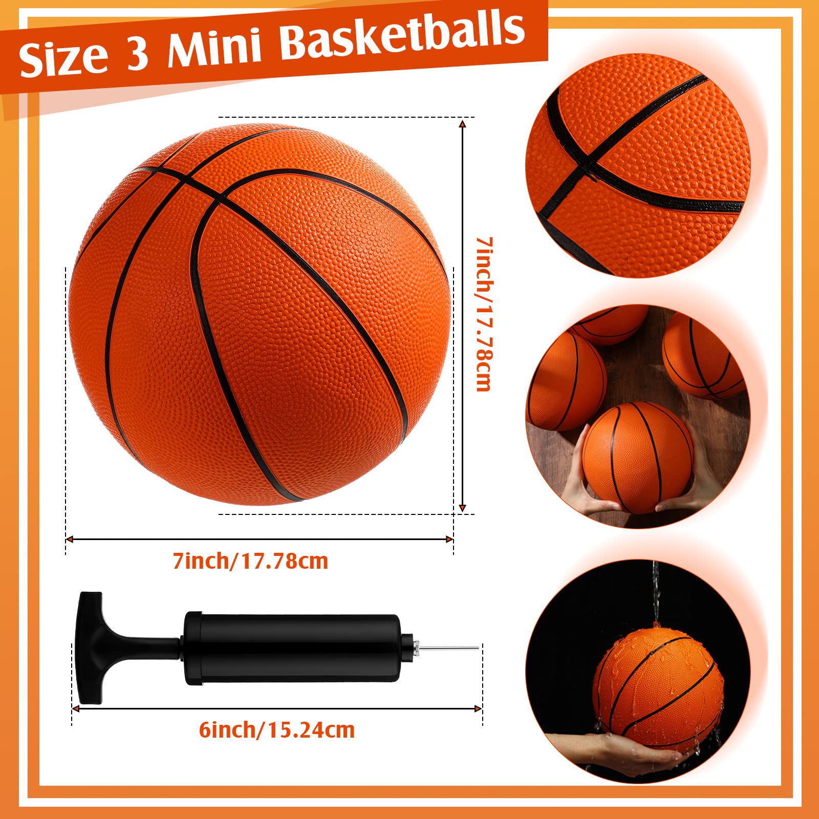 Vinsot 8-Pack Mini Rubber Basketball Set with 7-Inch Hoop & Air Pump - Perfect for Beginners, Arcade Games, Indoor/Outdoor Play, Pool Parties & Kids' Birthday Favors (Orange)