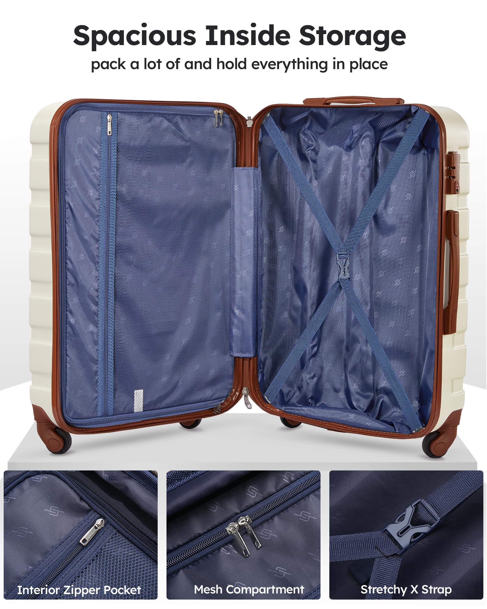 Suitour 3-Piece Hard Shell Luggage Set with Spinner Wheels & TSA Lock - 20/24/28 Inch Carry On Suitcases (White Brown) - Perfect for Business Travel, Family Vacations & International Trips