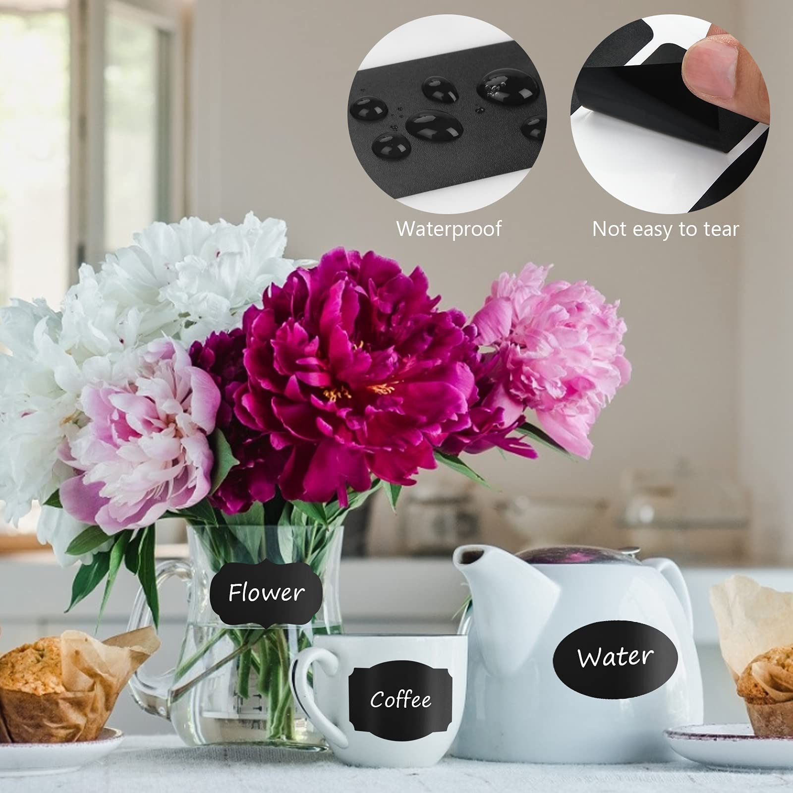 Erasable Chalkboard Labels - 120 Pcs Waterproof Reusable Sticker Labels with 1 Liquid Chalk Marker for Storage Bins, Mason Jars, Pantry & Office Organization (D-3 Shape) - Perfect for Home, Kitchen & Classroom Labeling