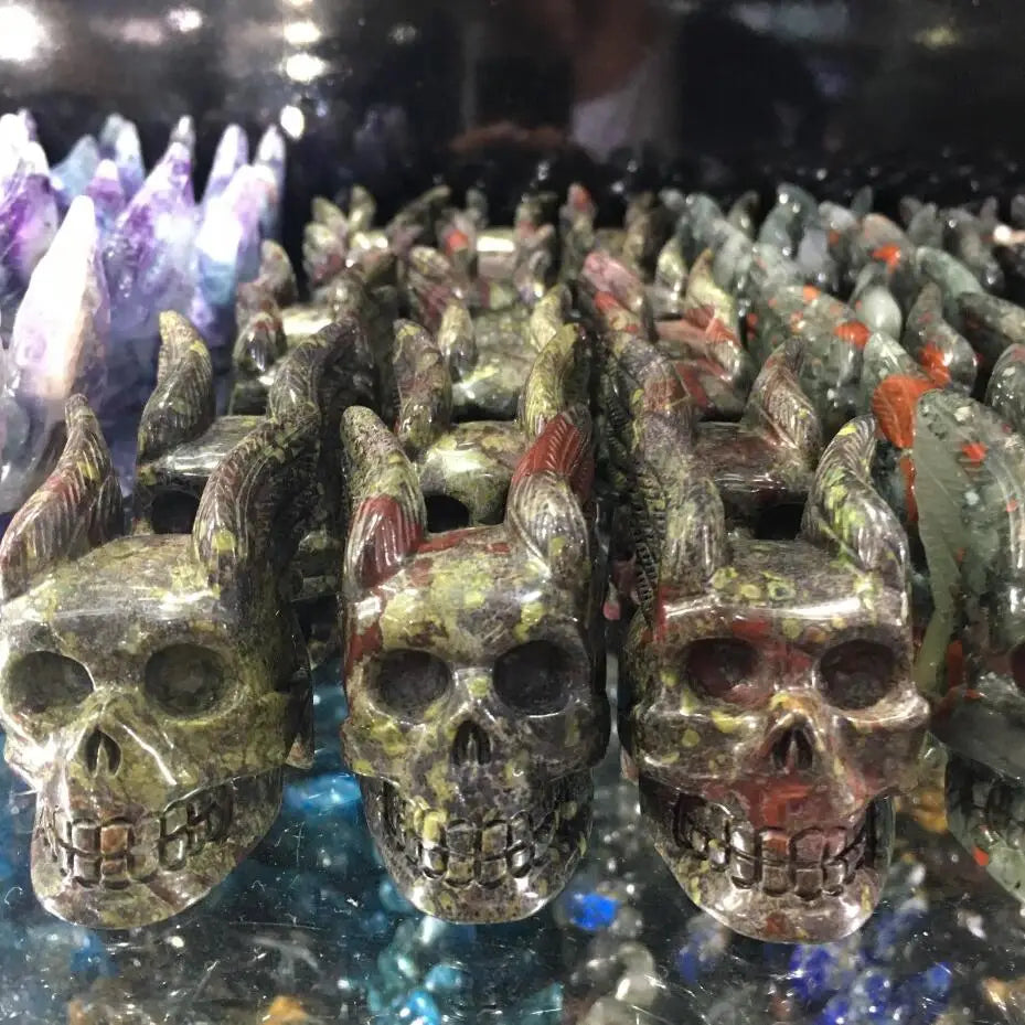 Natural Dragon Blood Stone Crystal Skull - Handcrafted Winged Skull Decor for Home, Office & Meditation - Unique Spiritual Healing Crystal Collection for Gifts & Feng Shui