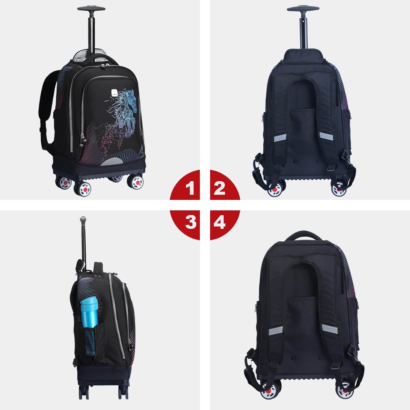 UNIKER Rolling Backpack with Wheels - Travel Laptop Backpack for Women & Men, 15.6 Inch Wheeled Carry-On Backpack for Business, School, Airplane & Commuting