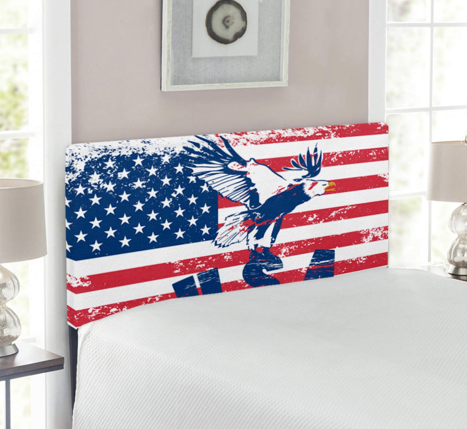 Ambesonne Upholstered Twin Size Headboard - American Flag & Eagle Print, Navy White Red, Memory Foam Support | Perfect for Bedroom Decor, Patriotic Theme Rooms & Dormitory Style