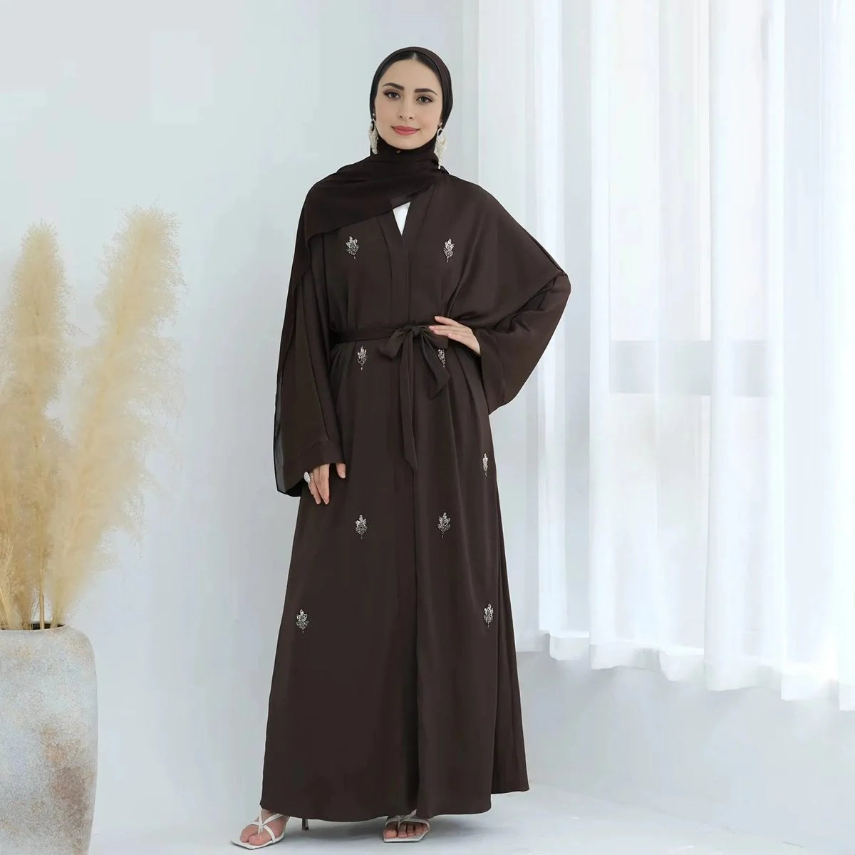Hand Stitched Beaded Wrinkle Satin Cardigan Open Abaya #25829 - Elegant Muslim Women's Cover-Up for Prayer, Wedding & Special Occasions