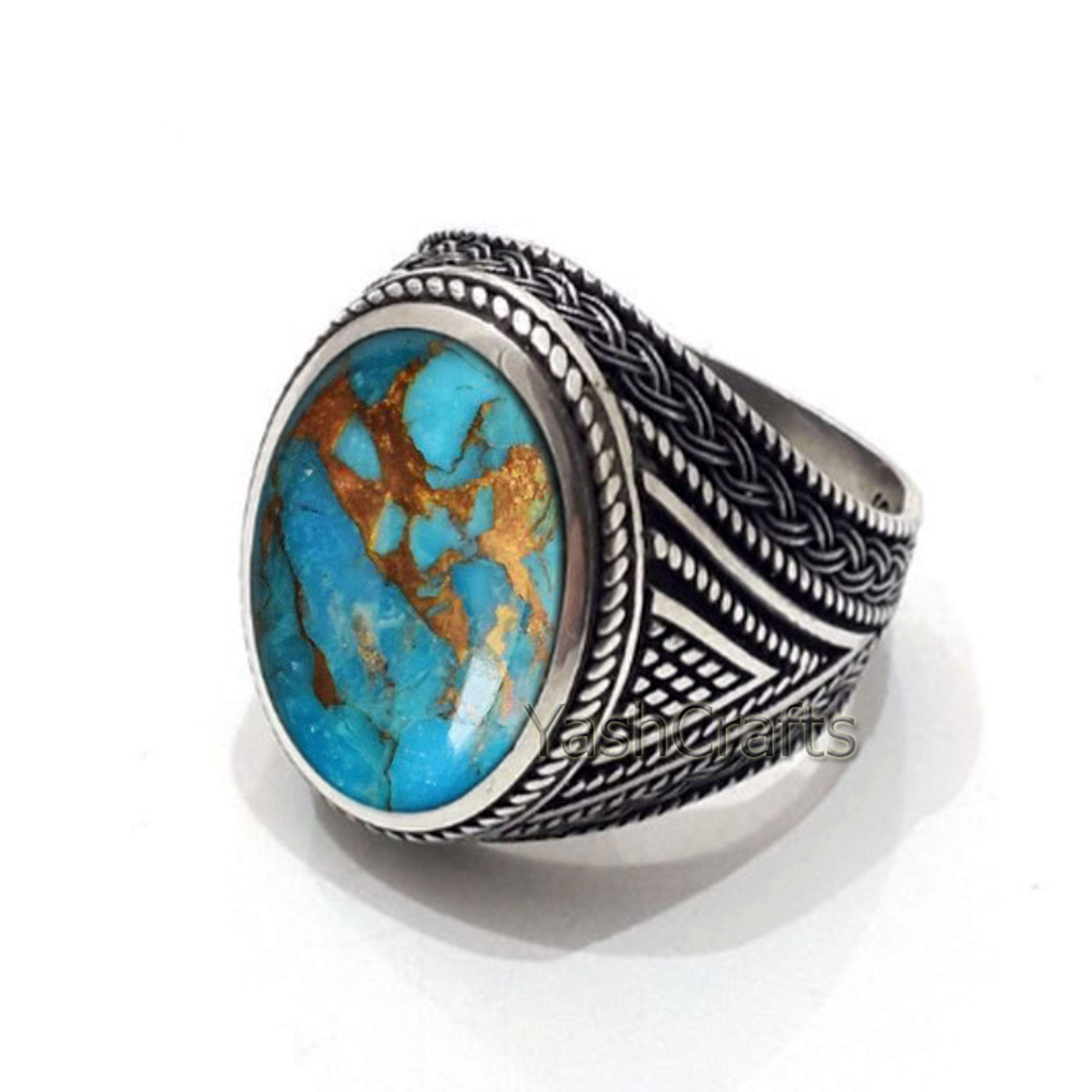 Blue Copper Turquoise Ring for Men - 925 Sterling Silver Jewelry with December Birthstone | Handcrafted Gemstone Ring for Him | Perfect Birthday Gift & Anniversary Present | Ideal for Casual Wear, Special Occasions & Gift Giving