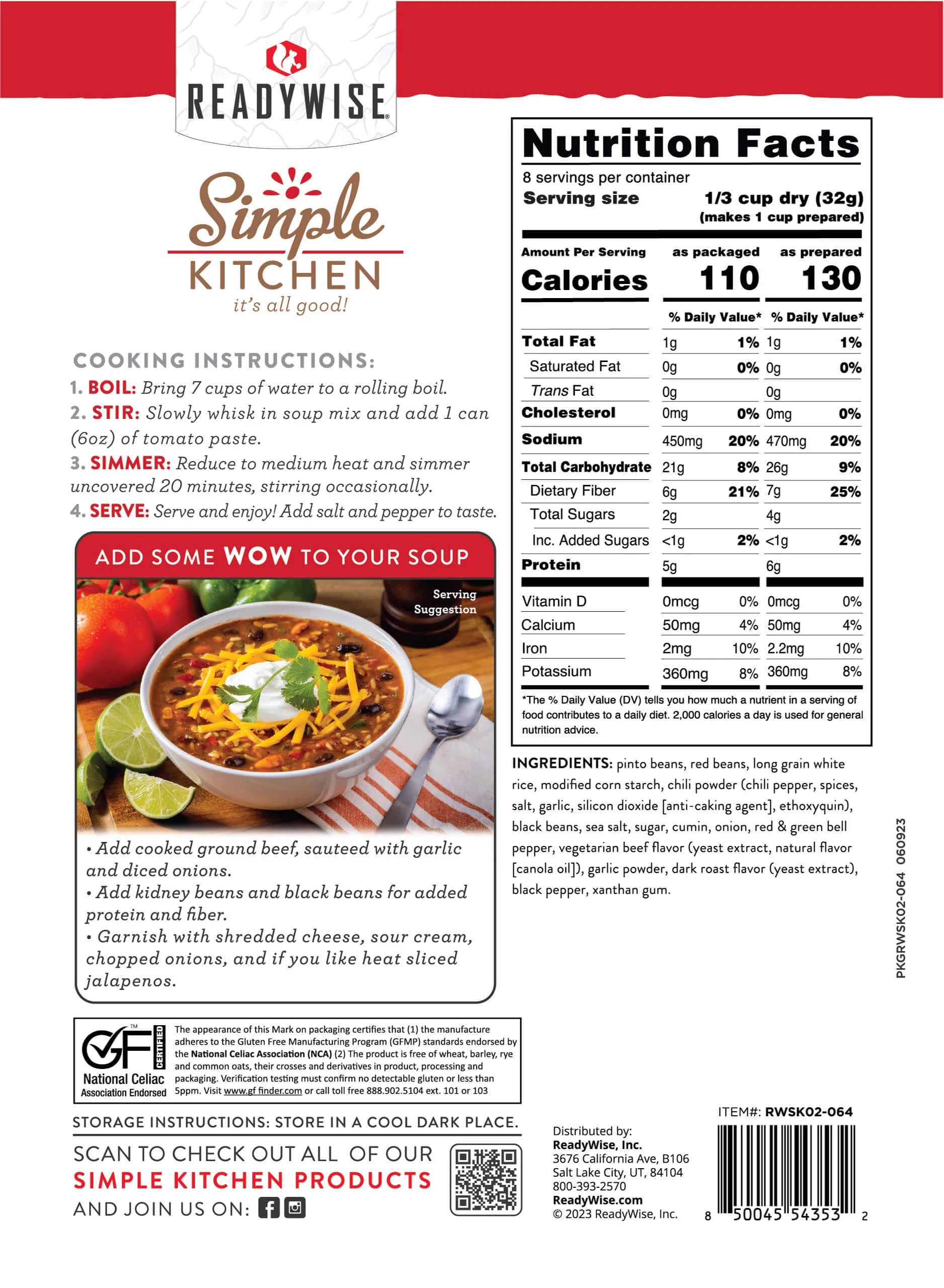 ReadyWise 6 Pack Hearty Chili Soup Mix - 8 Servings per Bag | Emergency Food Supply, Camping Meals & Quick Dinner Solution