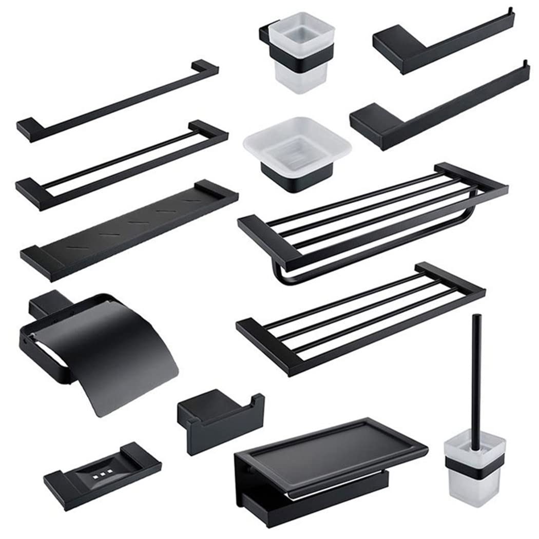 Premium Matte Black Stainless Steel Bathroom Accessories Set - Towel Bar, Toothbrush Holder, Paper Holder & Shelves for Modern Home Bathroom Organization & Decor