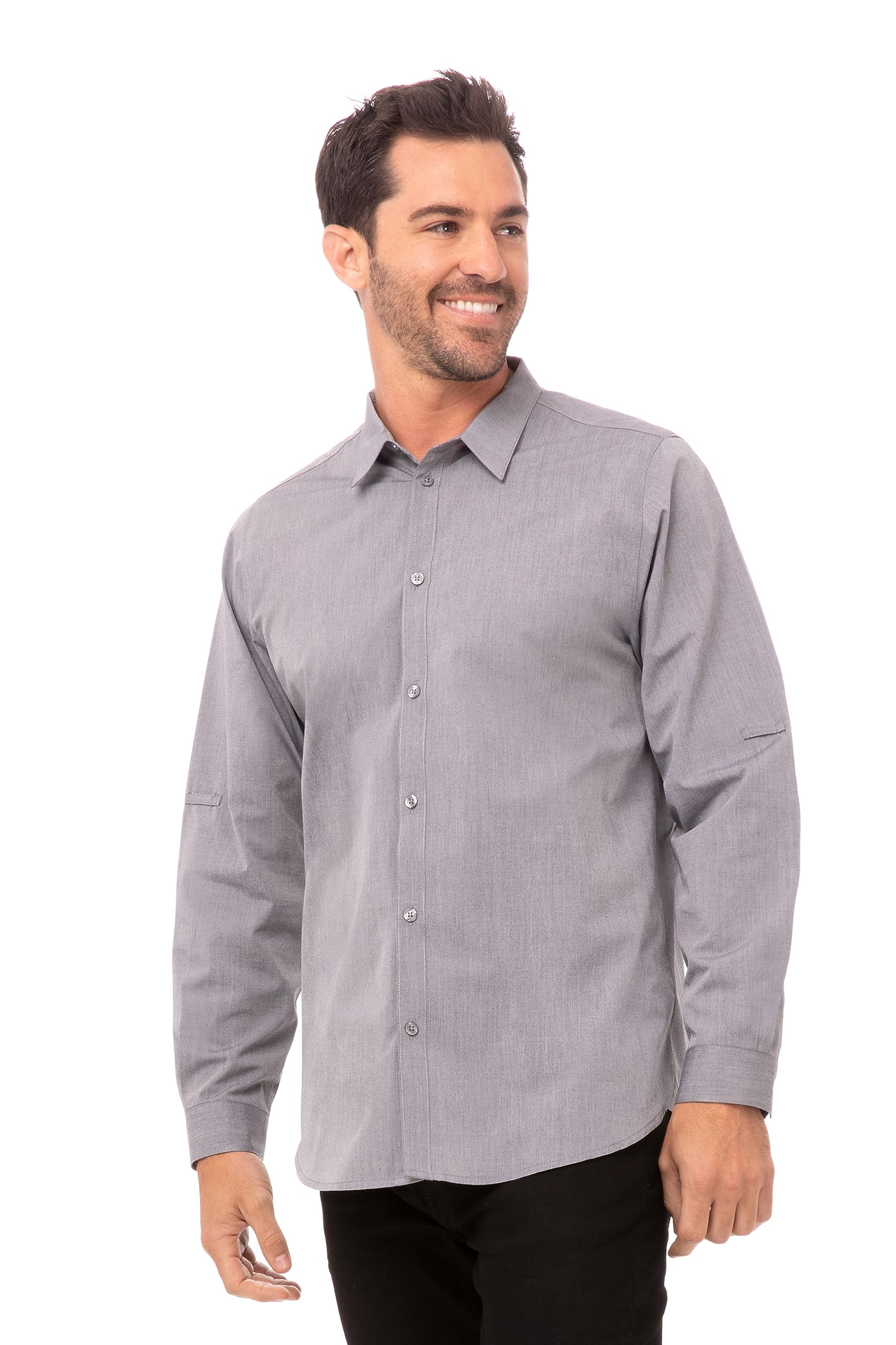 Chef Works Men's Modern Chambray Dress Shirt - Professional Slim Fit Button Down Oxford Shirt for Business, Office & Formal Occasions