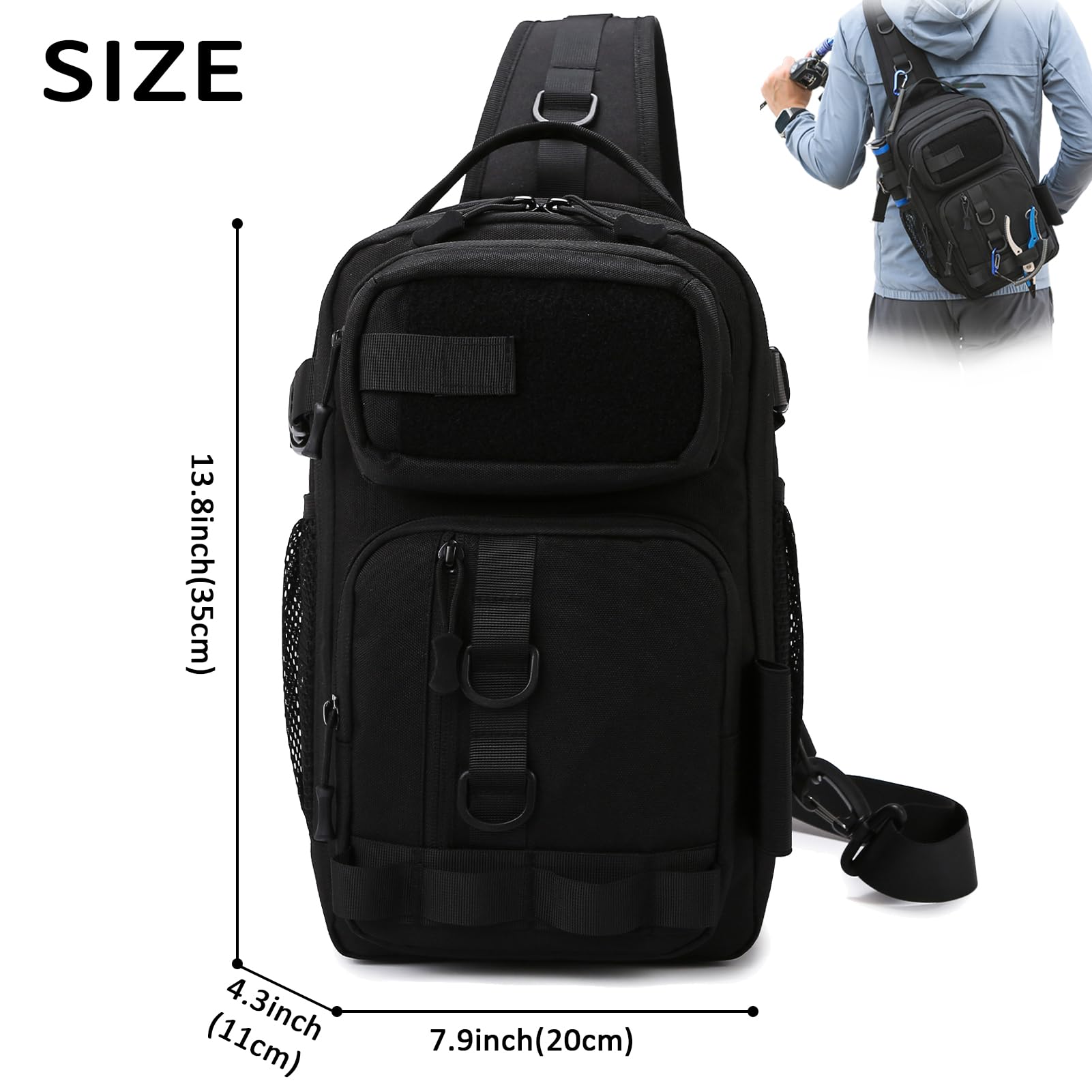 **Tactical Fishing Backpack Sling – Lightweight Shoulder Tackle Bag for Fishing Gear Storage with US Flag Patch & Fishing Pliers – Gray Camo (1 Pack) – Perfect for Outdoor Fishing, Camping & Hiking**