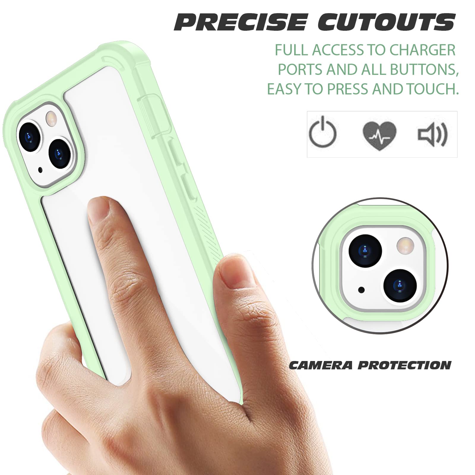 Premium Clear Shockproof iPhone 13 Case (6.1 Inch) - Slim Full Body Bumper with Built-in Screen Protector | Dustproof & Lightweight Cover | Green | Perfect for Outdoor Activities, Travel & Daily Protection