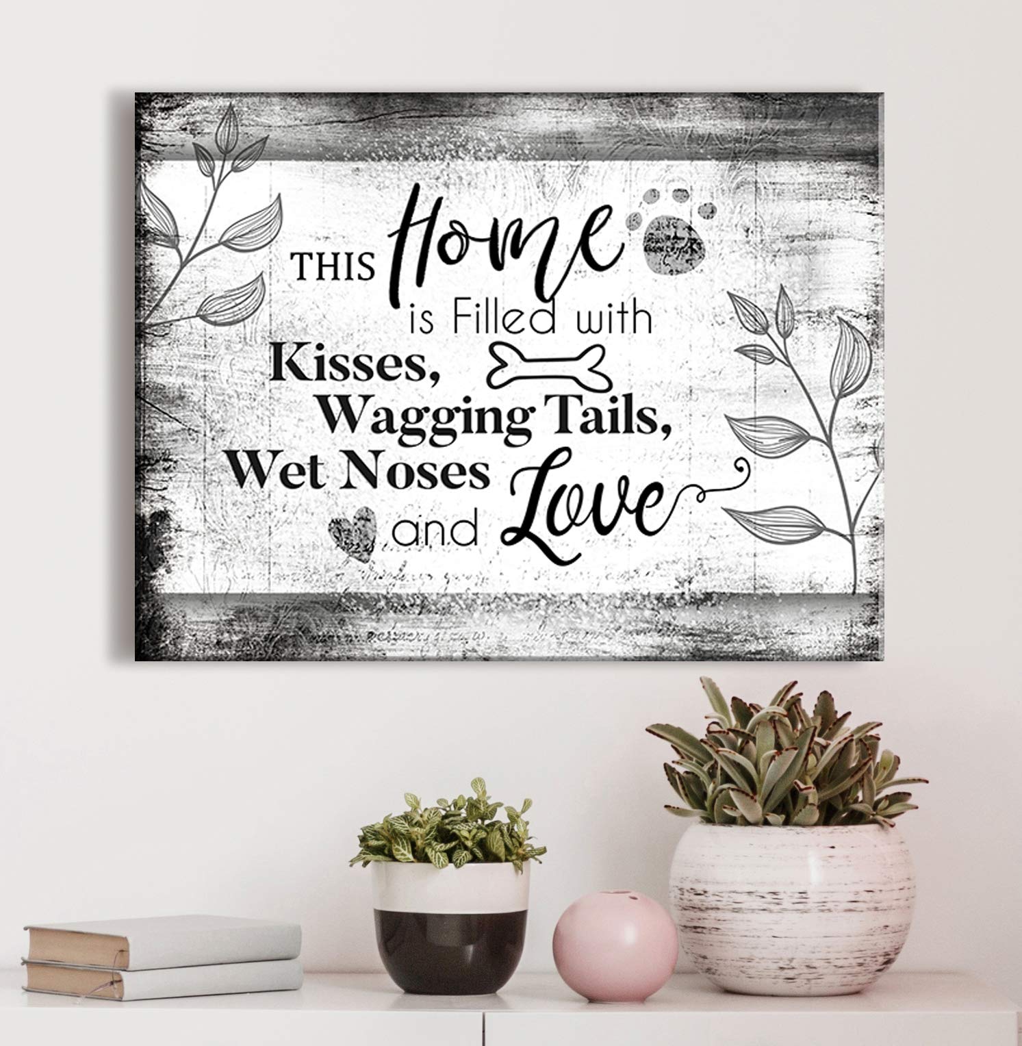 Rustic Dog Wall Decor Sign - 'This Home Is Filled With Kisses' 30x40 Inch Grey Wooden Plaque for Couples Bedroom, Above Bed Decor & Farmhouse Home Decoration | Perfect Gift for Dog Lovers & Wedding Anniversary Present