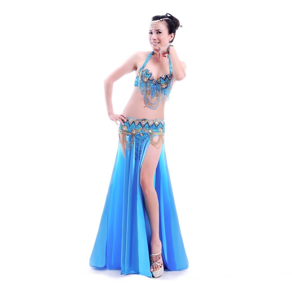 Professional Belly Dance Costume Set for Women - Sequin Bra & Belt with Slit Skirt | Carnival, Performance & Stage Outfit | Perfect for Belly Dancing, Halloween & Cosplay