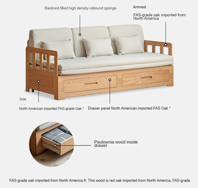 Solid Oak Wood Sofa Bed with Folding & Retractable Storage | Convertible Sleeper for Small Spaces, Guest Rooms & Apartments