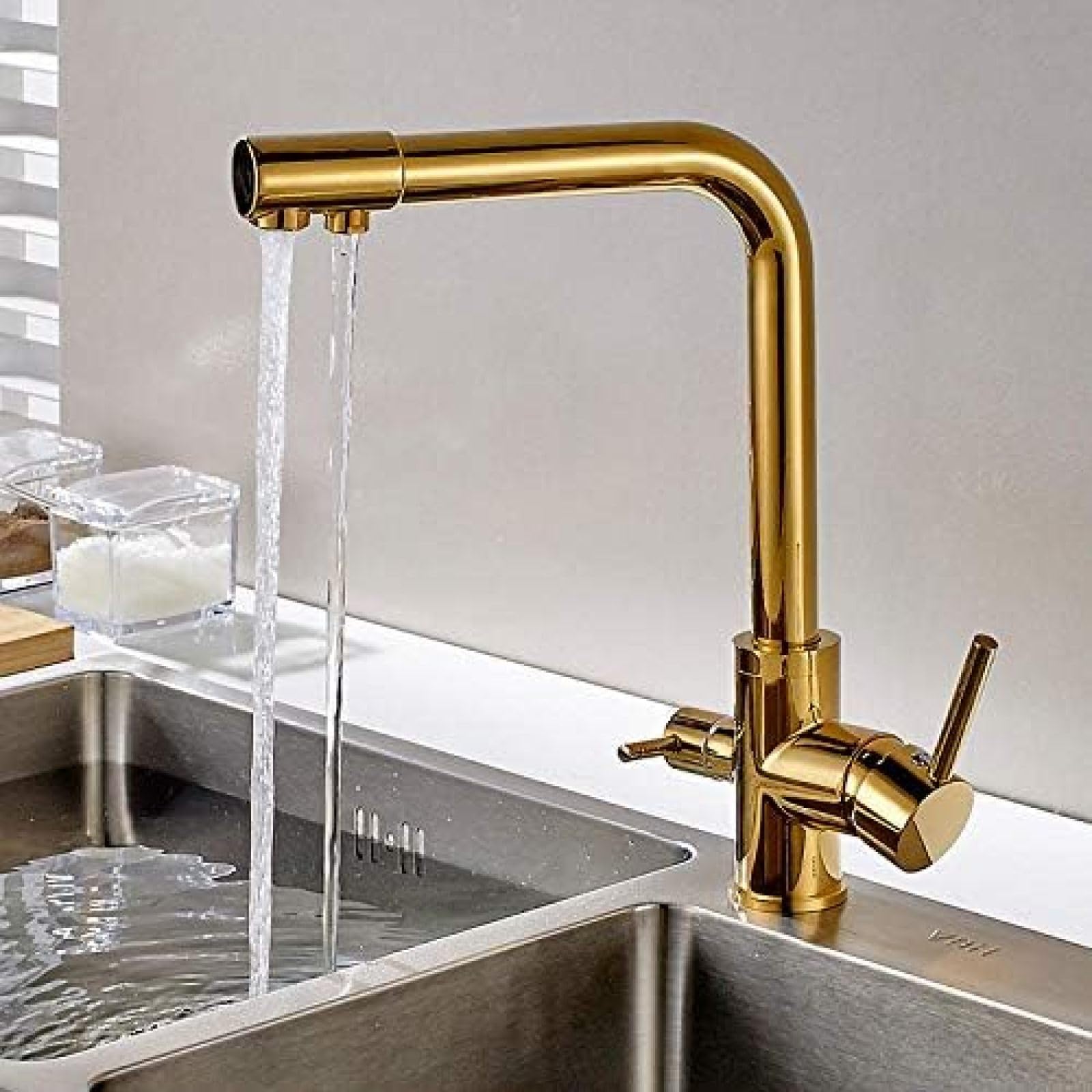 CRJUS 3-Way Swivel Drinking Water Faucet with 100% Copper Gold Finish - Water Filter Purifier for Kitchen Sink Tap - Perfect for Clean Drinking Water & Multi-Tasking in Modern Kitchens