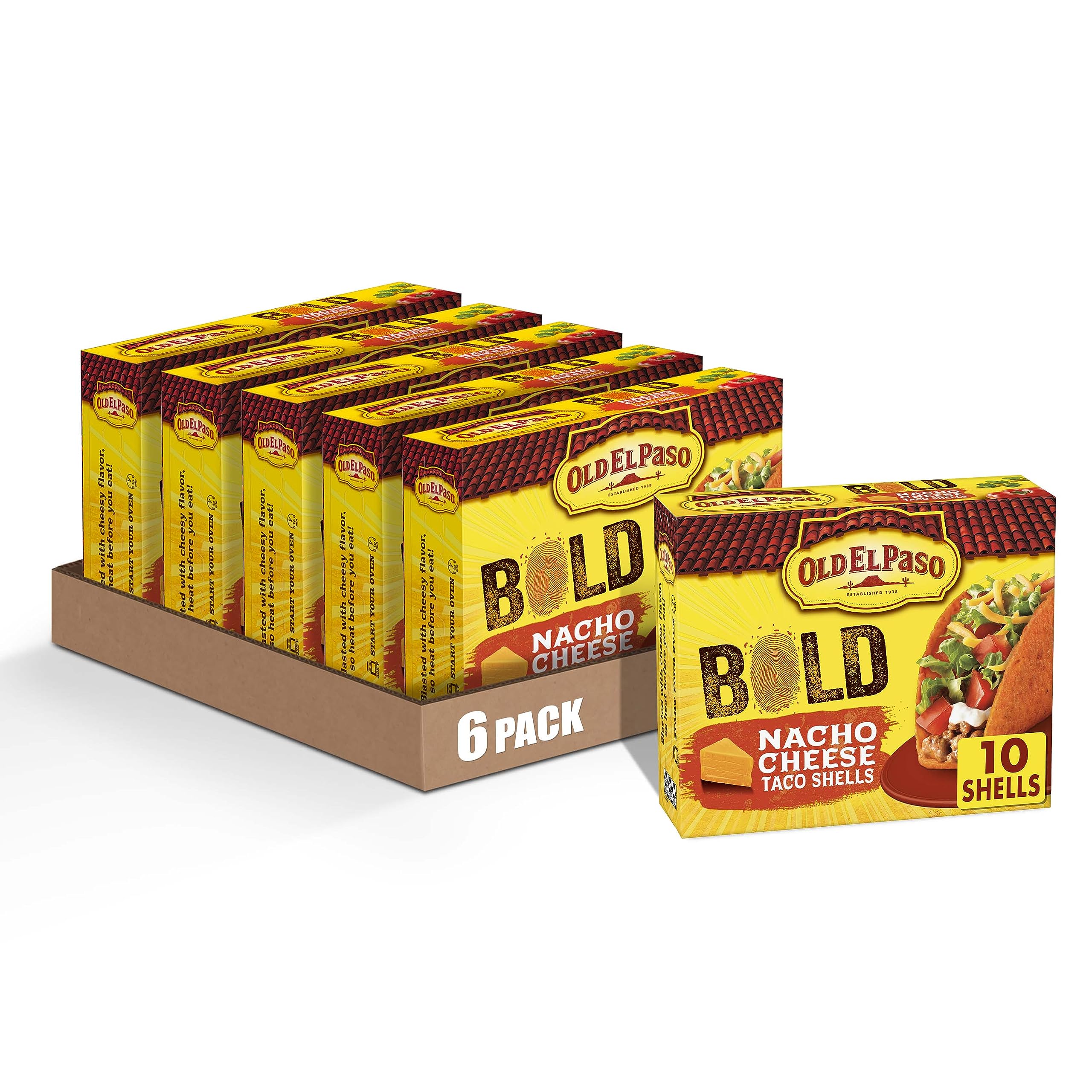 Old El Paso Stand 'N Stuff Bold Nacho Cheese Flavored Taco Shells - 10 Count (Pack of 6) | Crunchy Taco Shells for Nachos, Tacos & Mexican Dishes | Perfect for Family Dinners, Parties & Cinco de Mayo Celebrations