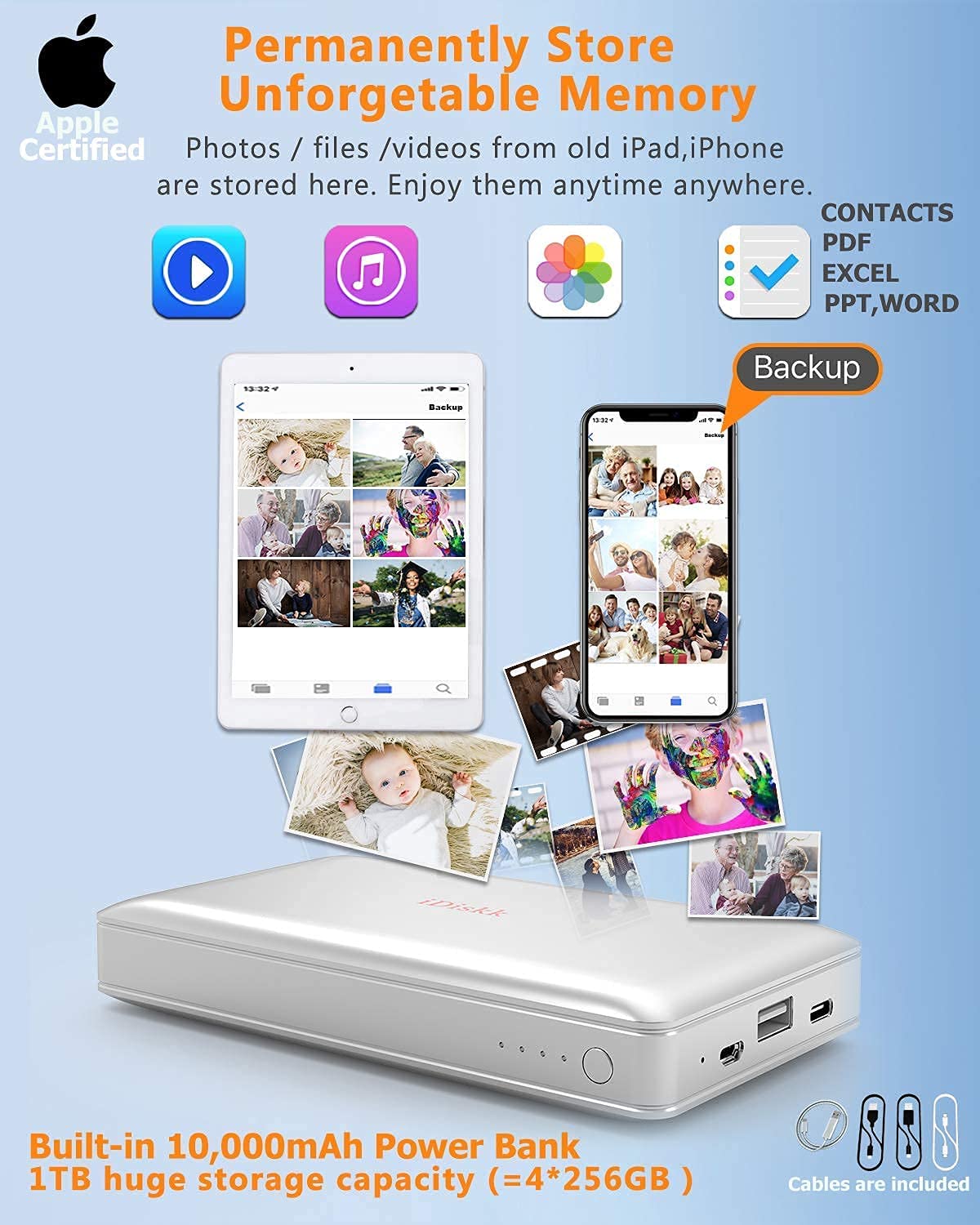 iDiskk Apple MFi Certified 1TB External Hard Drive for iPad & iPhone - Photo Stick USB Storage for iPhone 16/15/14/13/12 Pro Max/11 Pro/X/XR, Android, Mac, iMac & PC - 10000mAh Power Bank - Perfect for Travel, Photography & Data Backup