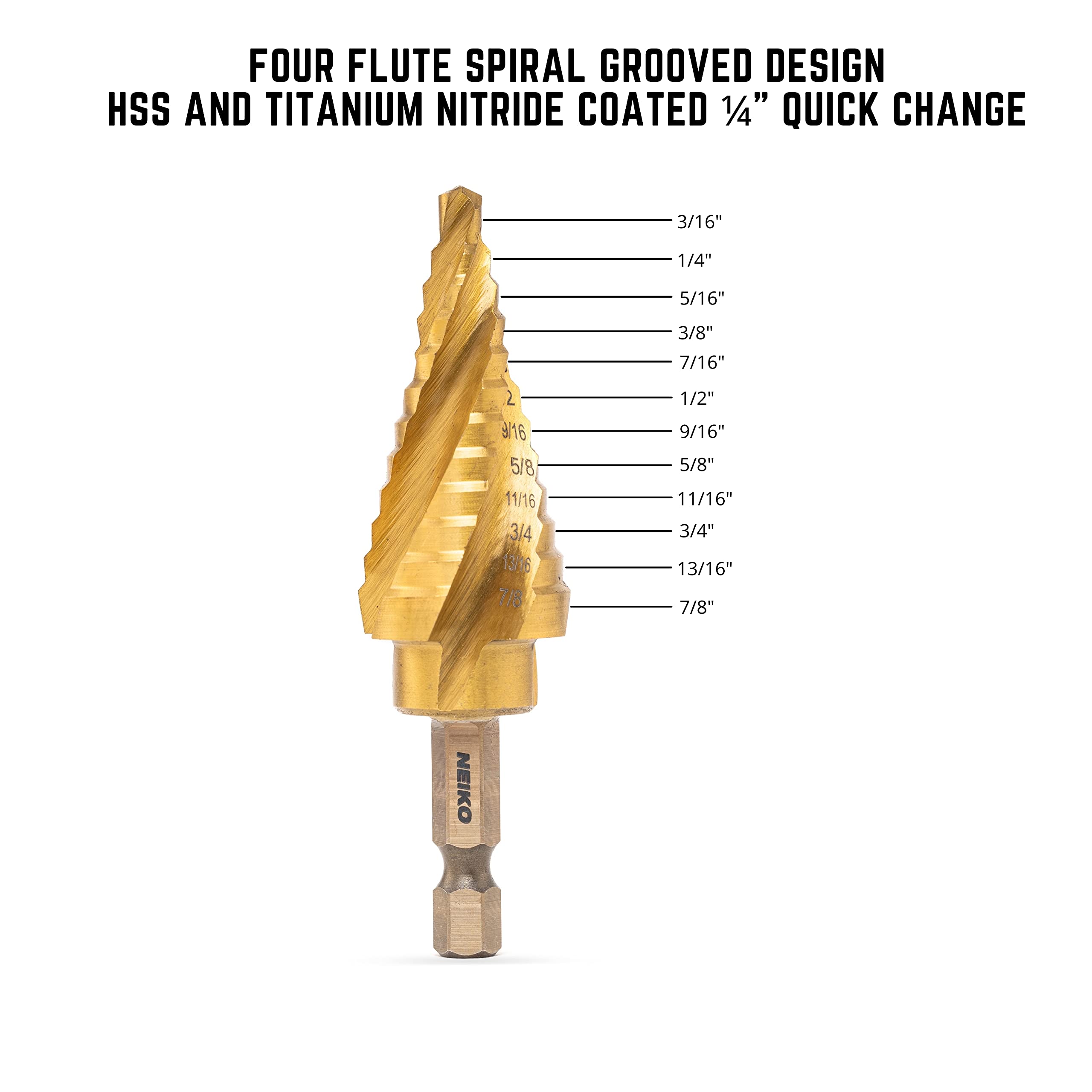 NEIKO 10180A High-Speed Steel Spiral Step Drill Bit Set - 12 Sizes in 1, Nitride-Coated 4-Flute Design for Metal, Wood & Plastic - Perfect for DIY Projects, HVAC, Electrical Work & Automotive Repairs