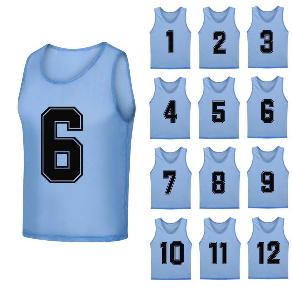 12 Pack (1-12) Numbered Soccer Training Bibs & Basketball Jerseys for Kids, Youth & Adults - Reversible Sports Pinnies for Team Practice, Gym Class & Outdoor Games