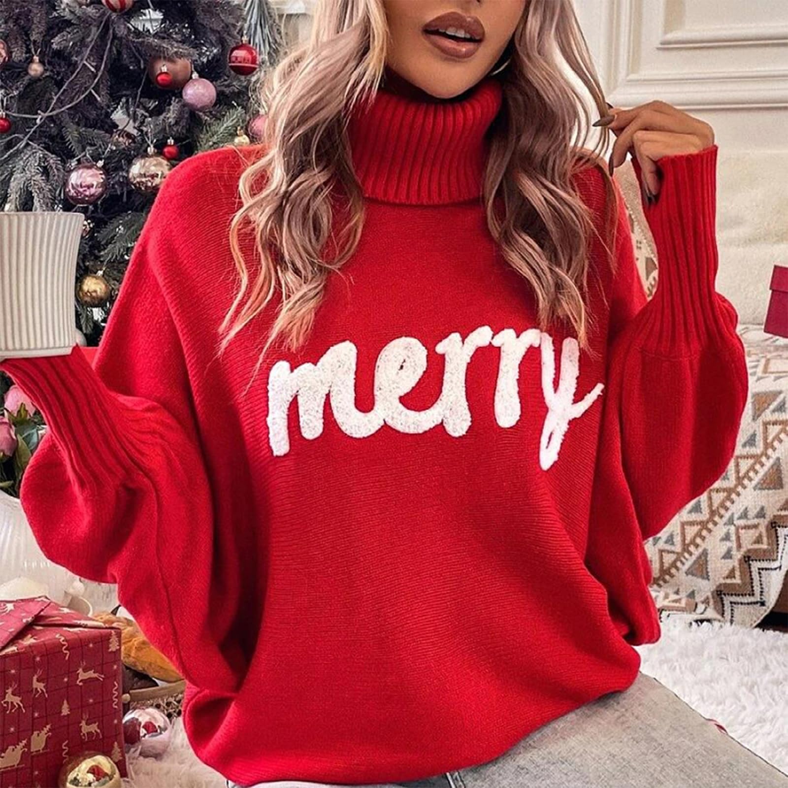 Muineobuka Women's Merry Christmas Sweater - Turtleneck Long Sleeve Loose Knit Pullover with Letter Print | Holiday Party, Family Gathering, Winter Outfit Fashion