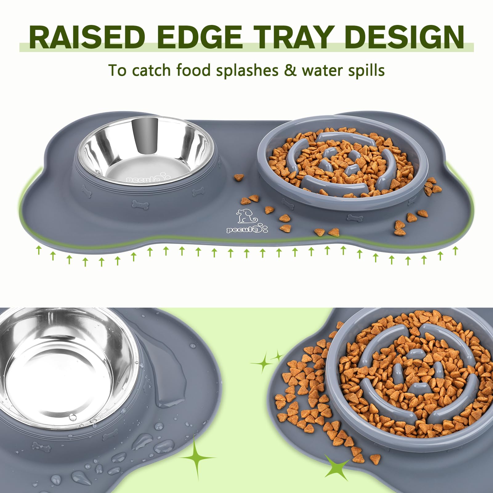 Pecute Slow Feeder Dog Bowl - Non-Slip Silicone Mat, Stainless Steel Pet Food & Water Dish - Reduce Fast Eating for Dogs & Cats - Perfect for Mealtime, Training, and Portion Control