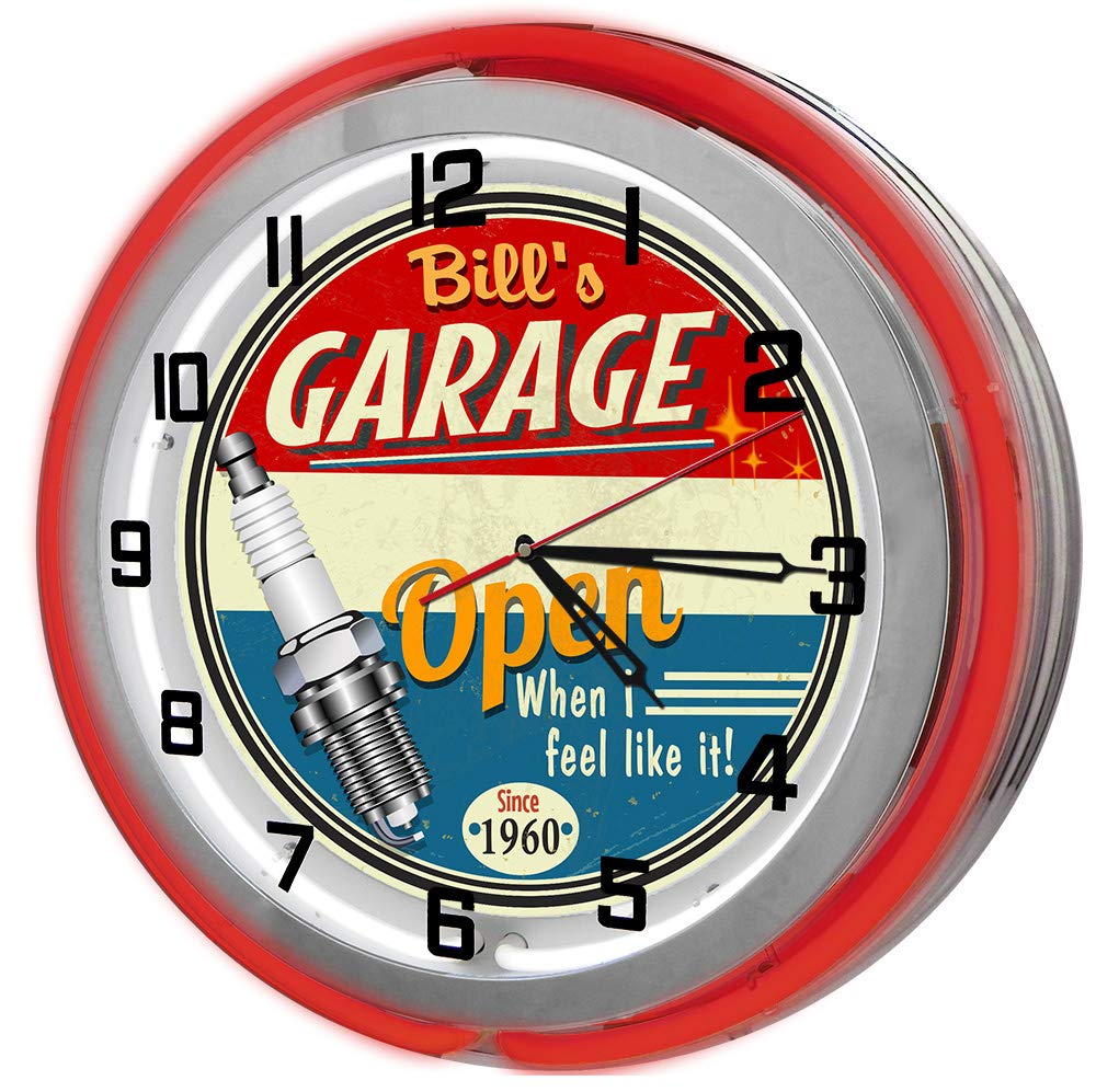 Vintage Red Neon Light Garage Clock - Personalized LED Wall Clock for Home, Bar, Cafe & Man Cave Decor - Retro Illuminated Clock for Indoor & Outdoor Use