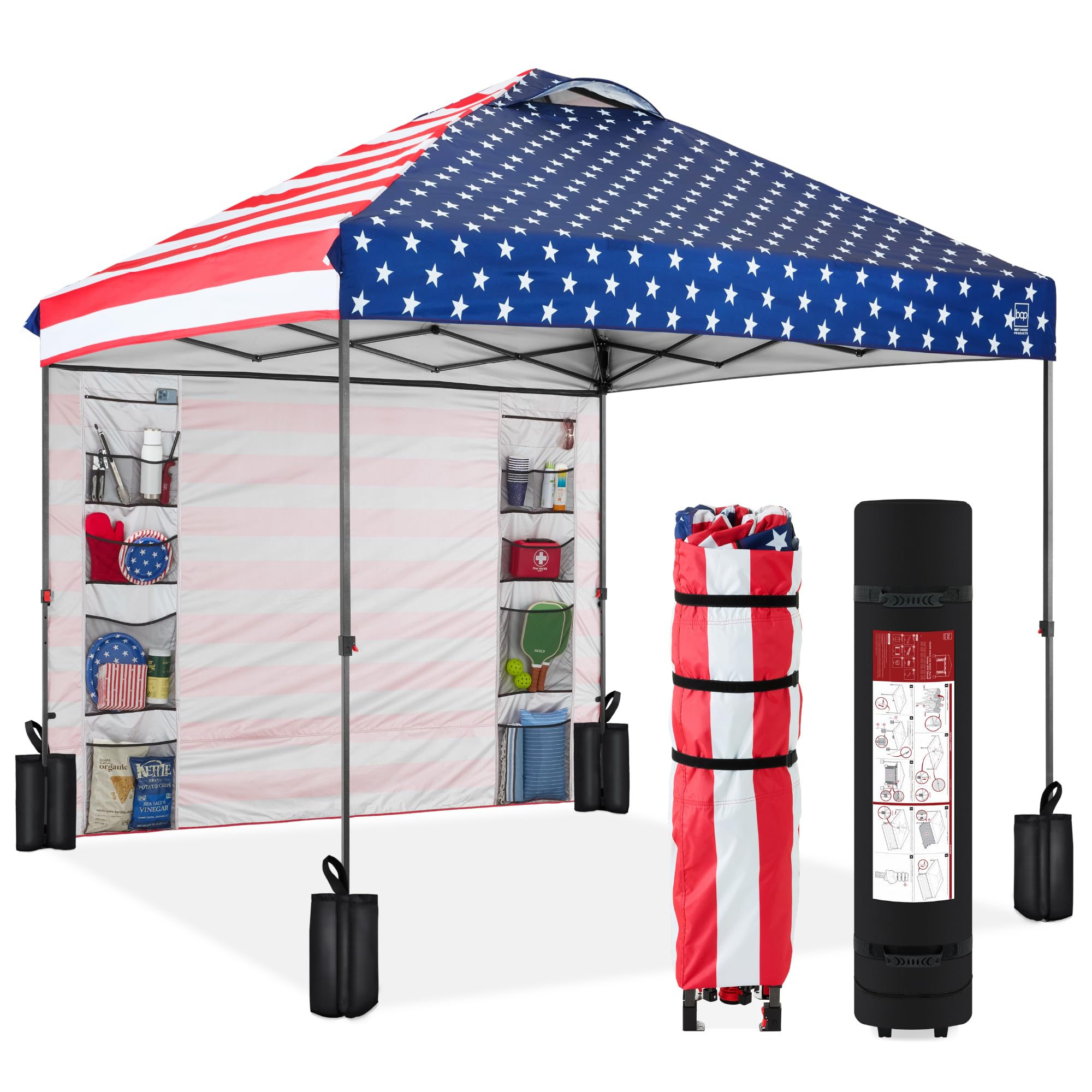 Best Choice Products 10x10ft Pop Up Canopy Tent with Side Walls - Portable Instant Shelter with 10 Pockets, Carry Bag & 4 Weight Bags - 1-Button Quick Setup - Perfect for Outdoor Events, Camping, Beach, Picnics & Tailgating - American Flag Design