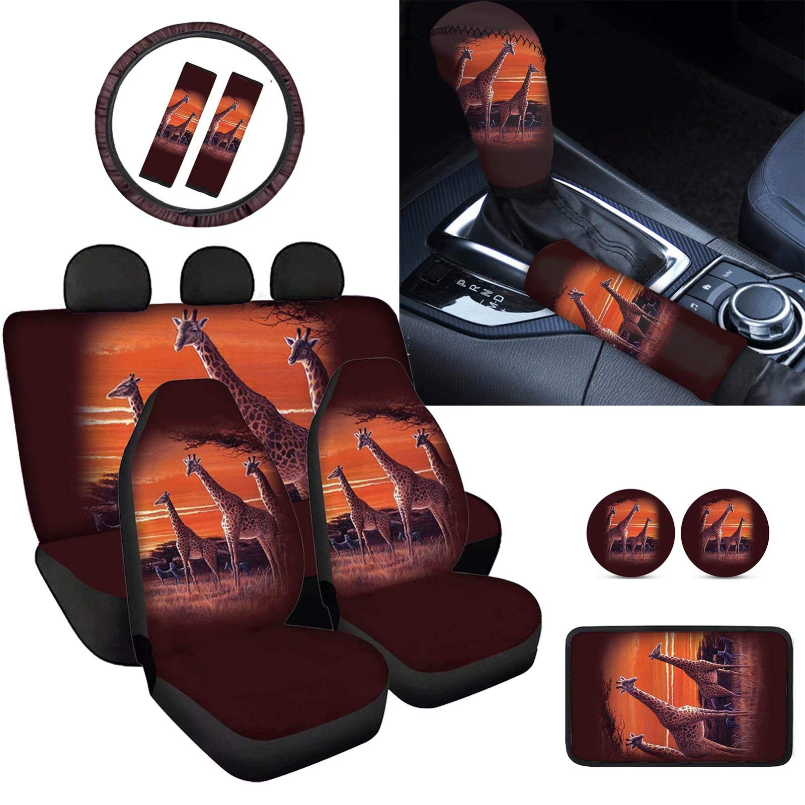 Stylish Giraffe Print 11-Piece Car Seat Cover Set with Steering Wheel Cover, Coasters & Accessories | Universal Fit for Most Vehicles | Perfect for Road Trips & Outdoor Adventures