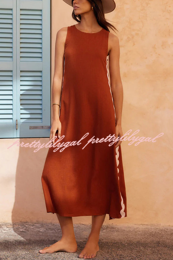 Elegant Boho Maxi Dress with Ric Rac Wave Trim - Flowy Loose Fit for Beach Vacations & Summer Getaways