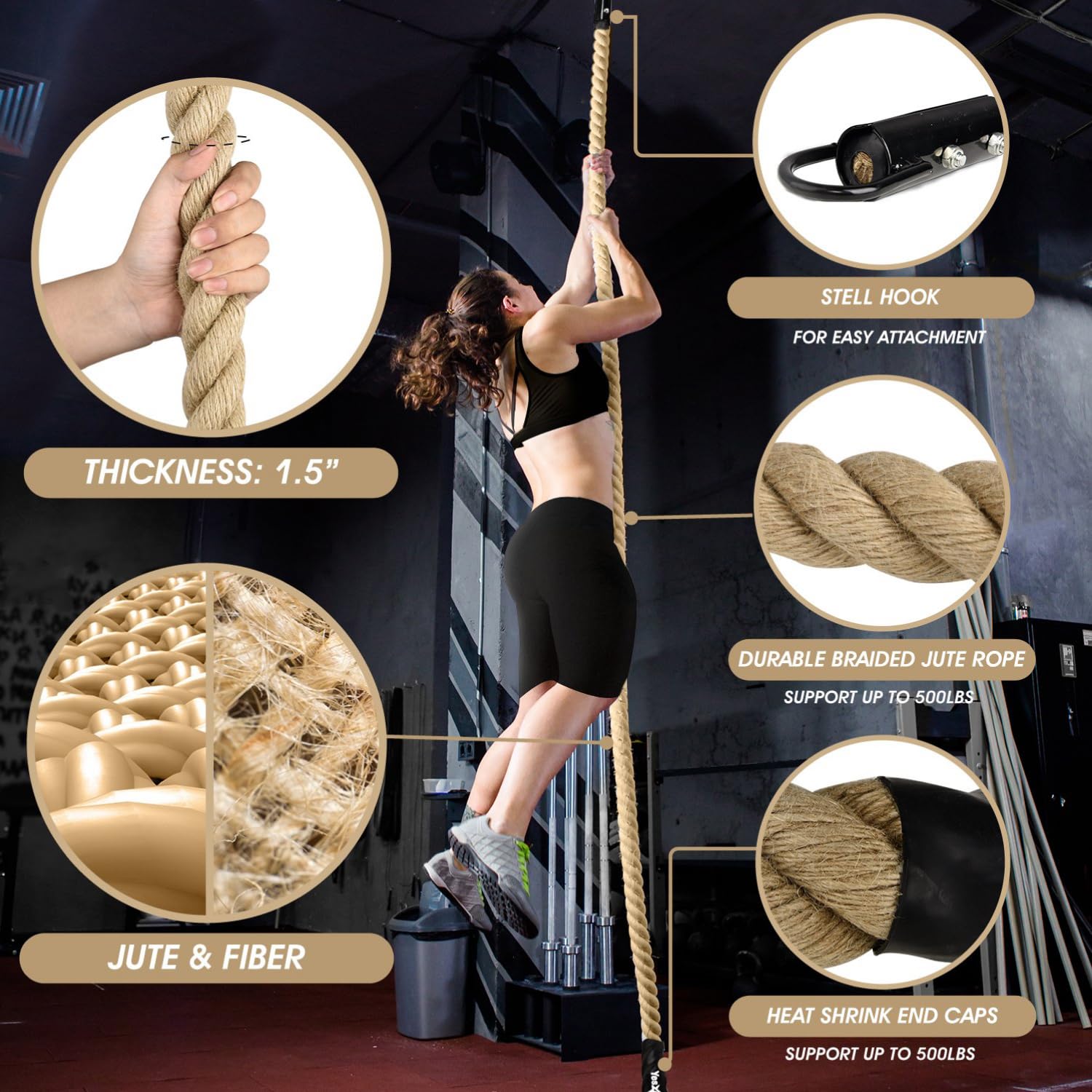 Yes4All Gym Climbing Rope for Fitness & Strength Training - Durable Nylon Rope for Climbing Exercises & Home Workouts - Perfect for CrossFit, Functional Training & Outdoor Adventures