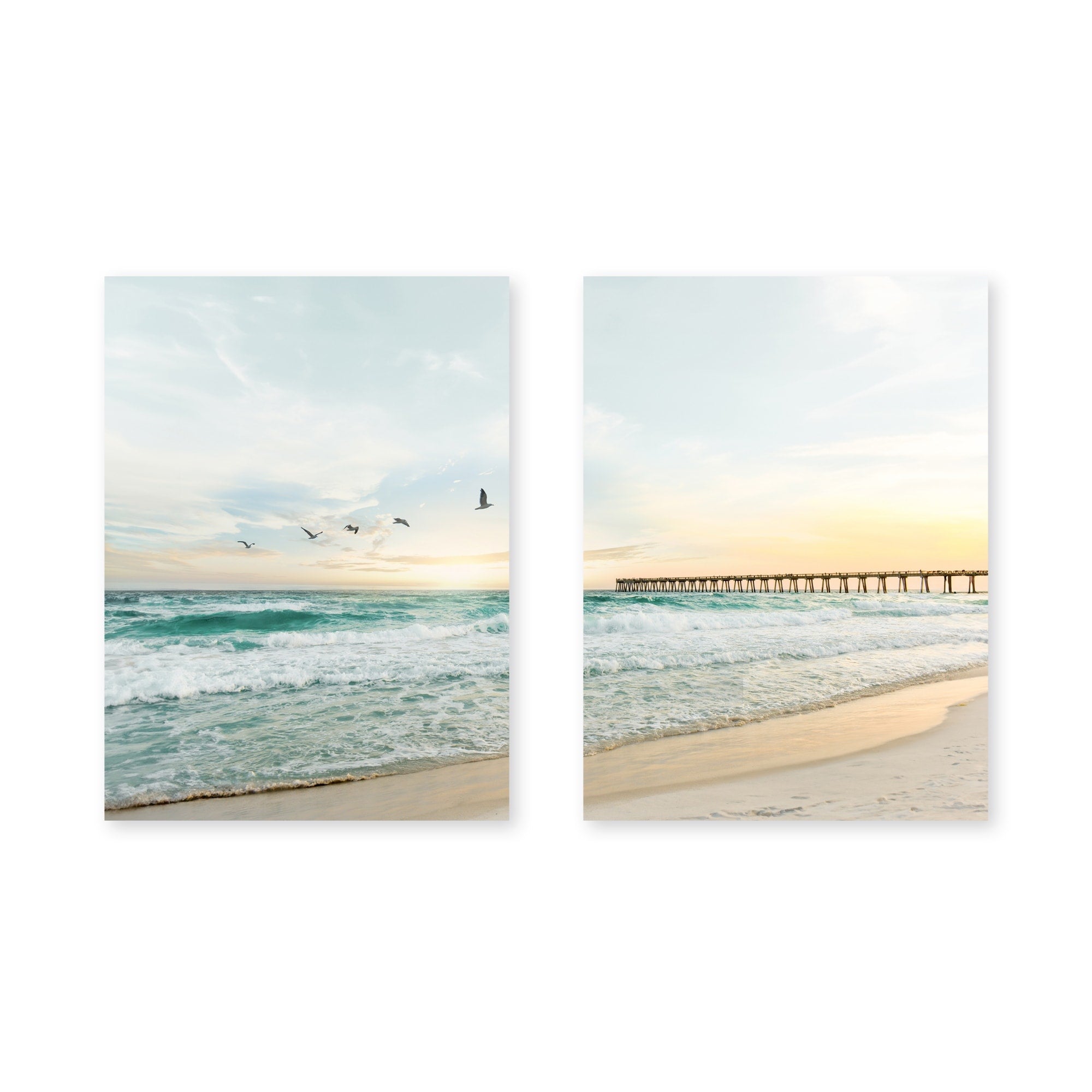Birds on a Jetty - Set of 2 Textured Framed Wall Art Paintings for Living Room, Bedroom & Office Decor