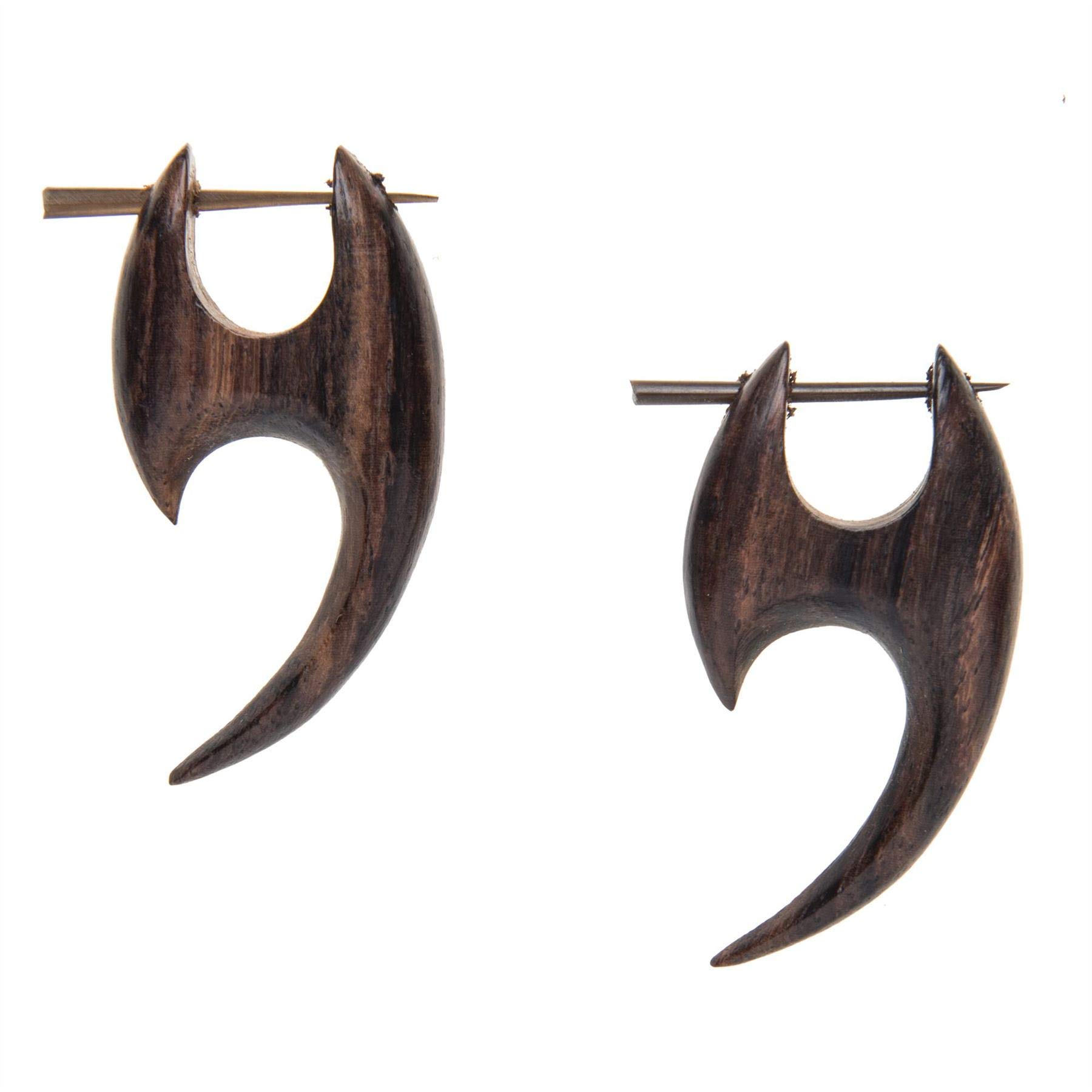 Brown Wooden Gothic Tooth Earrings with Stick Posts - Handmade Boho Hippie Jewelry for Women & Men - Tribal Goth Accessories - Perfect for Halloween, Music Festivals & Alternative Fashion