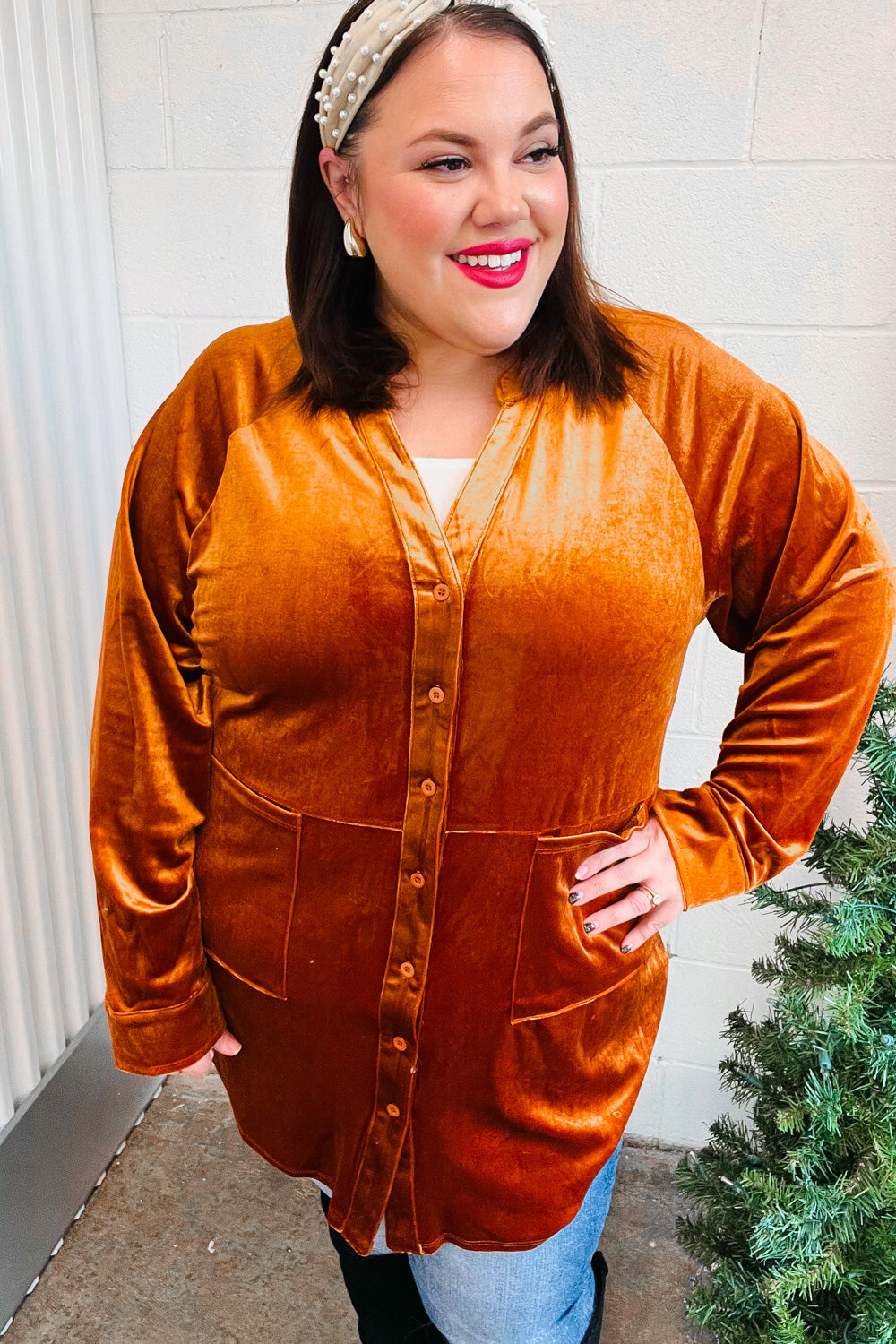 Stylish Rust Velvet Button Down Tunic Top for Women - Elegant Fall & Winter Blouse for Office, Party & Date Nights