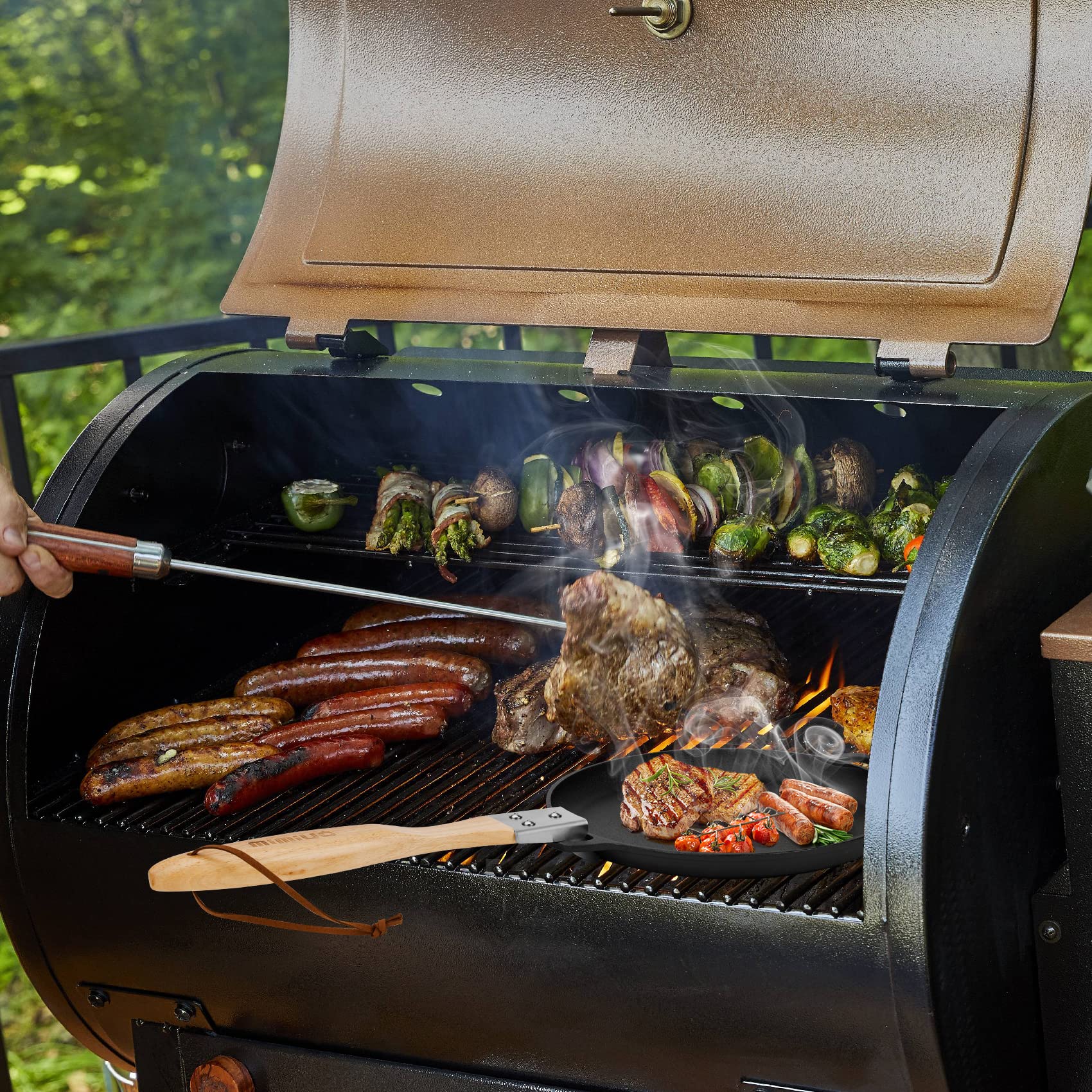 12 Inch Cast Iron Sizzler Pan - Nonstick Pizza Oven & Grill Skillet with Removable Handle - Perfect for Fajitas, Steak, Hibachi Cooking at Home or Outdoor BBQ