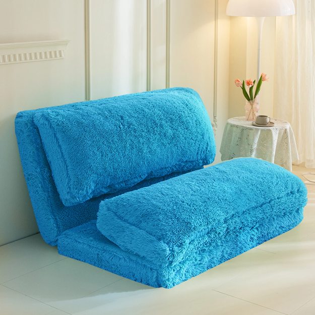 MAXYOYO Folding Bean Bag Sofa Bed - Soft Faux Fur Floor Couch with Foam Filling, Blue - Perfect for Living Room, Bedroom, Dorm & Small Space Relaxation