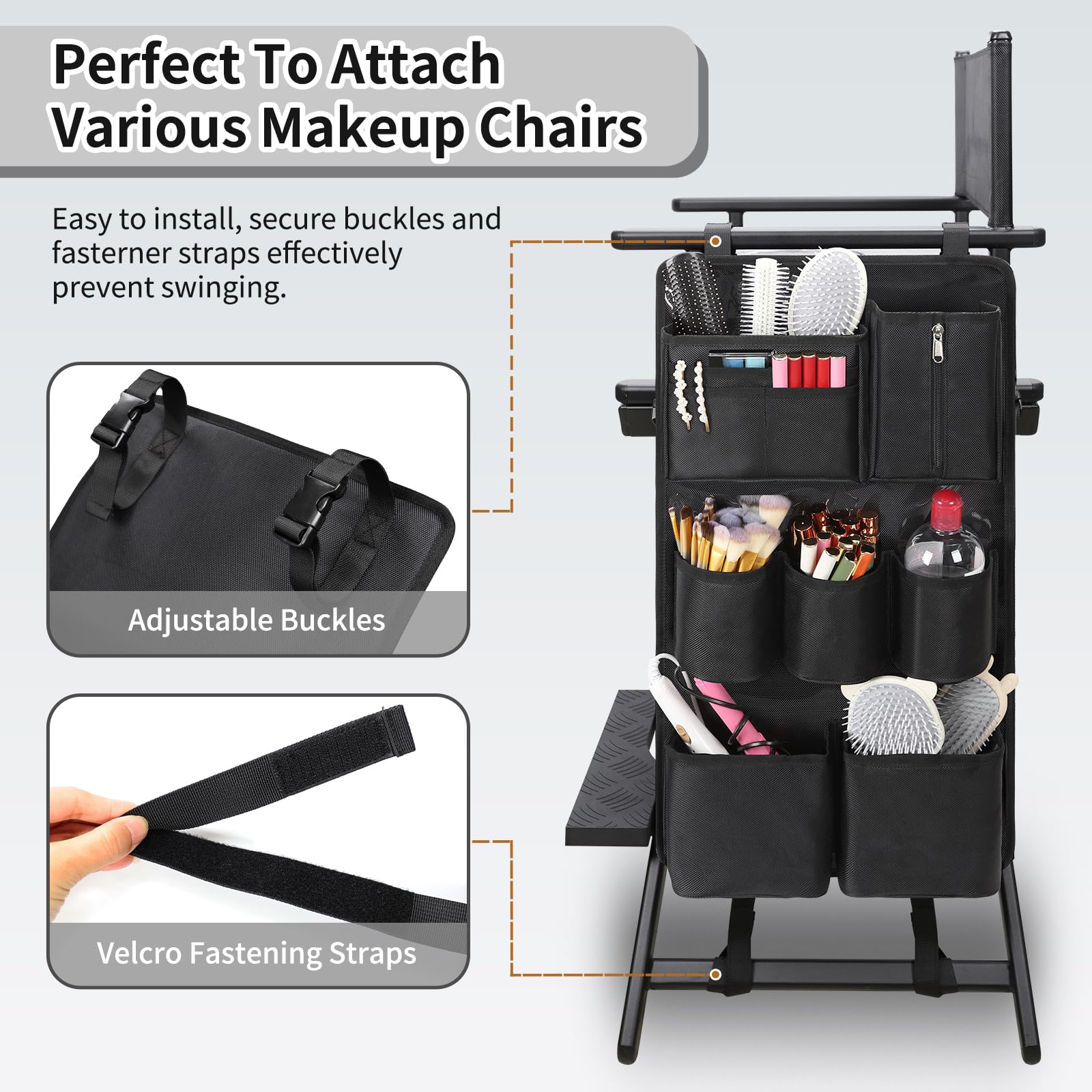 Professional Makeup Chair Side Organizer Bag with Multiple Pockets - Large Capacity Storage Bag for Makeup Artists, Directors Chair Accessory | Perfect for Salon, Film Set & Home Beauty Stations