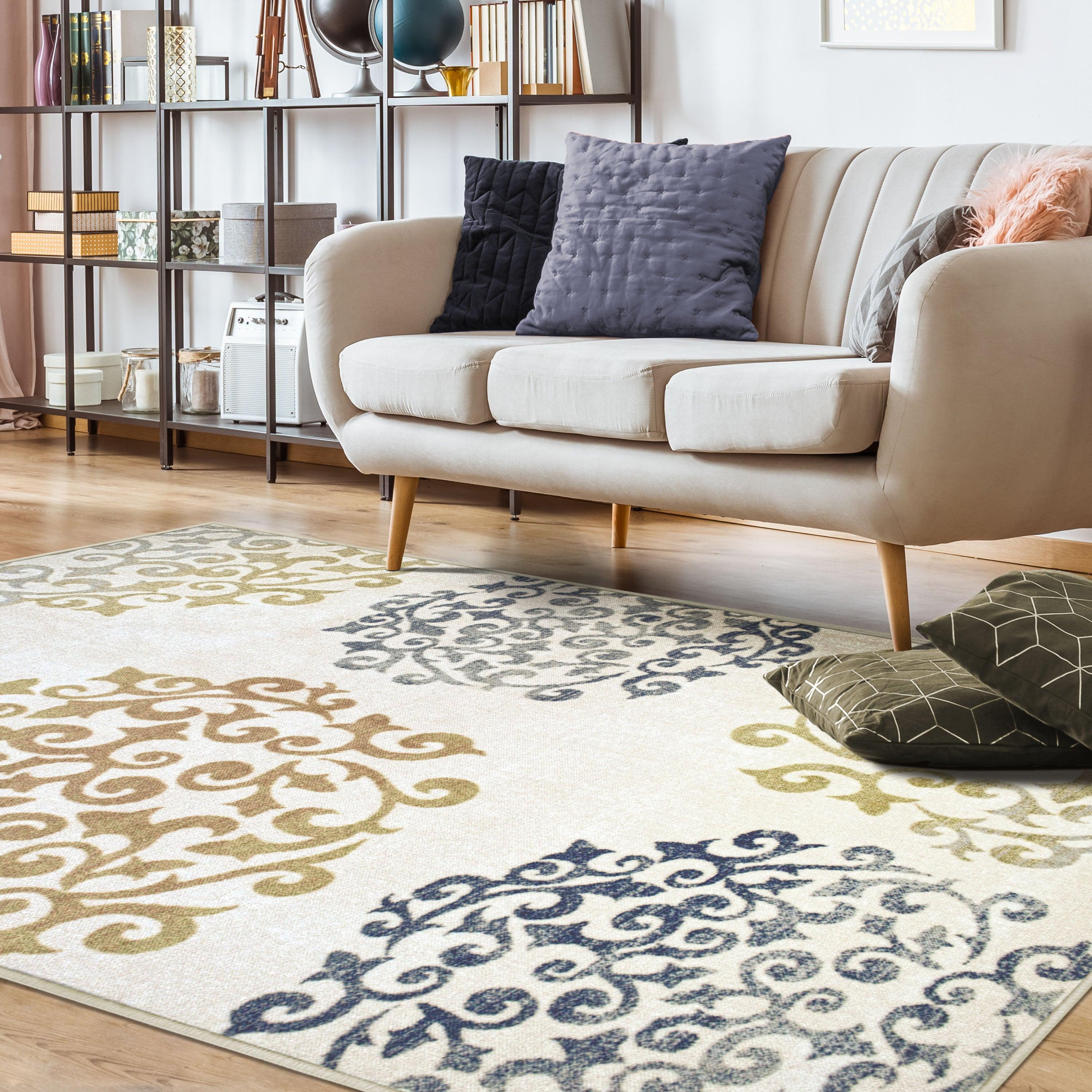 Non-Slip Washable Amber Floral Scroll Indoor Area Rug or Runner - Perfect for Living Room, Bedroom, and Hallway Decor